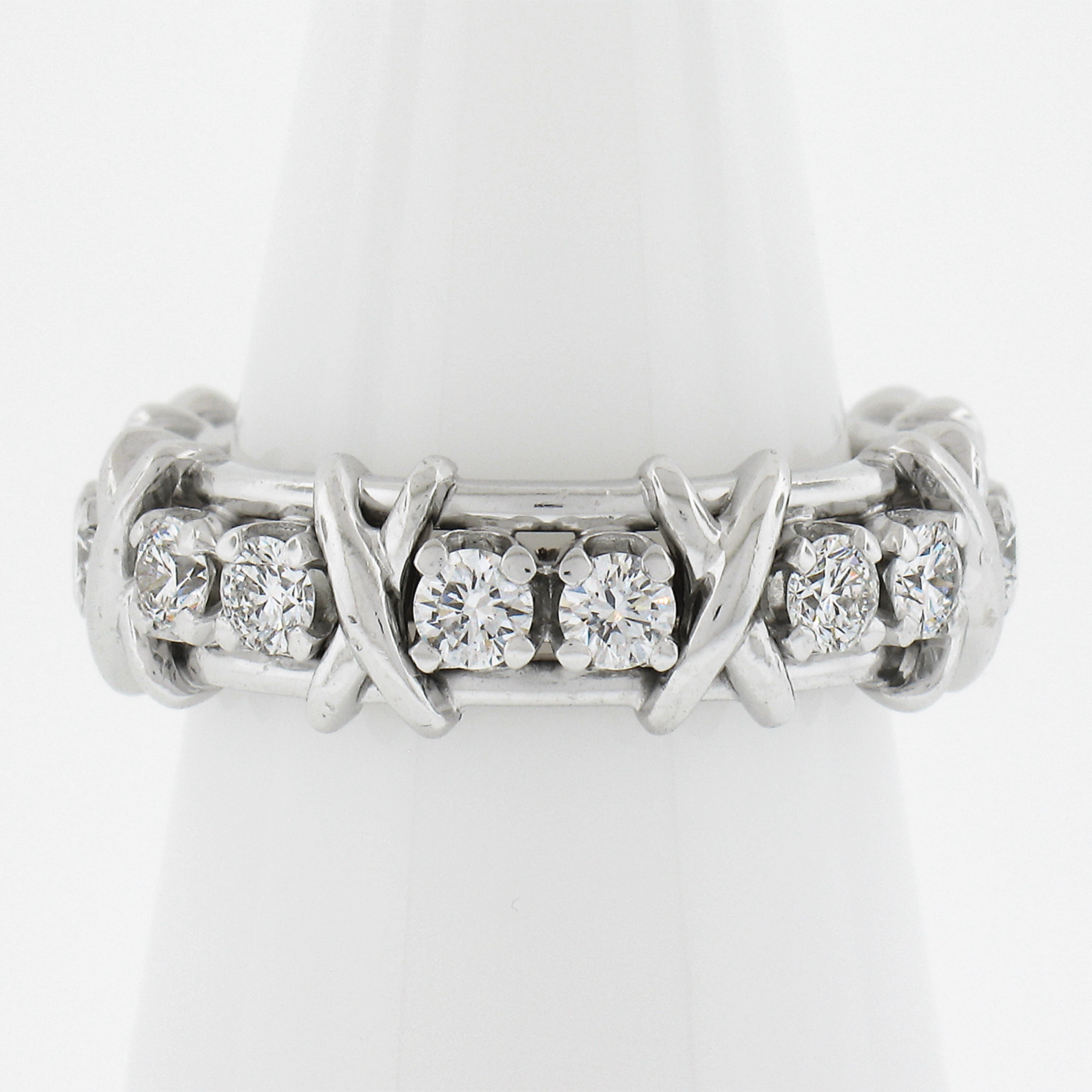 Round Cut Tiffany & Co. Schlumberger Platinum 1.14ct 16 Diamond X Eternity Band Ring W Box
