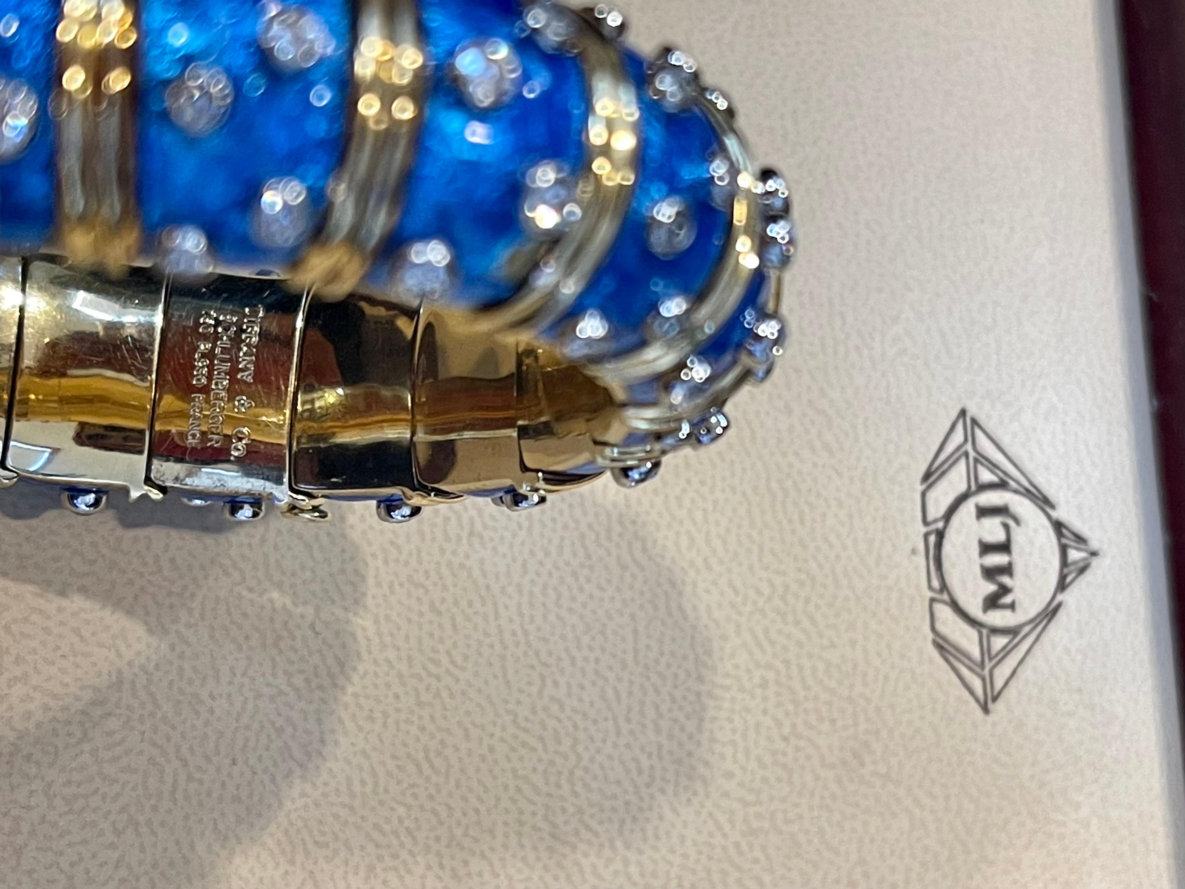 Tiffany & Co. Schlumberger Platinum 18 K Gold Blue Enamel 5.96 Ct Diamond Bangle For Sale 1