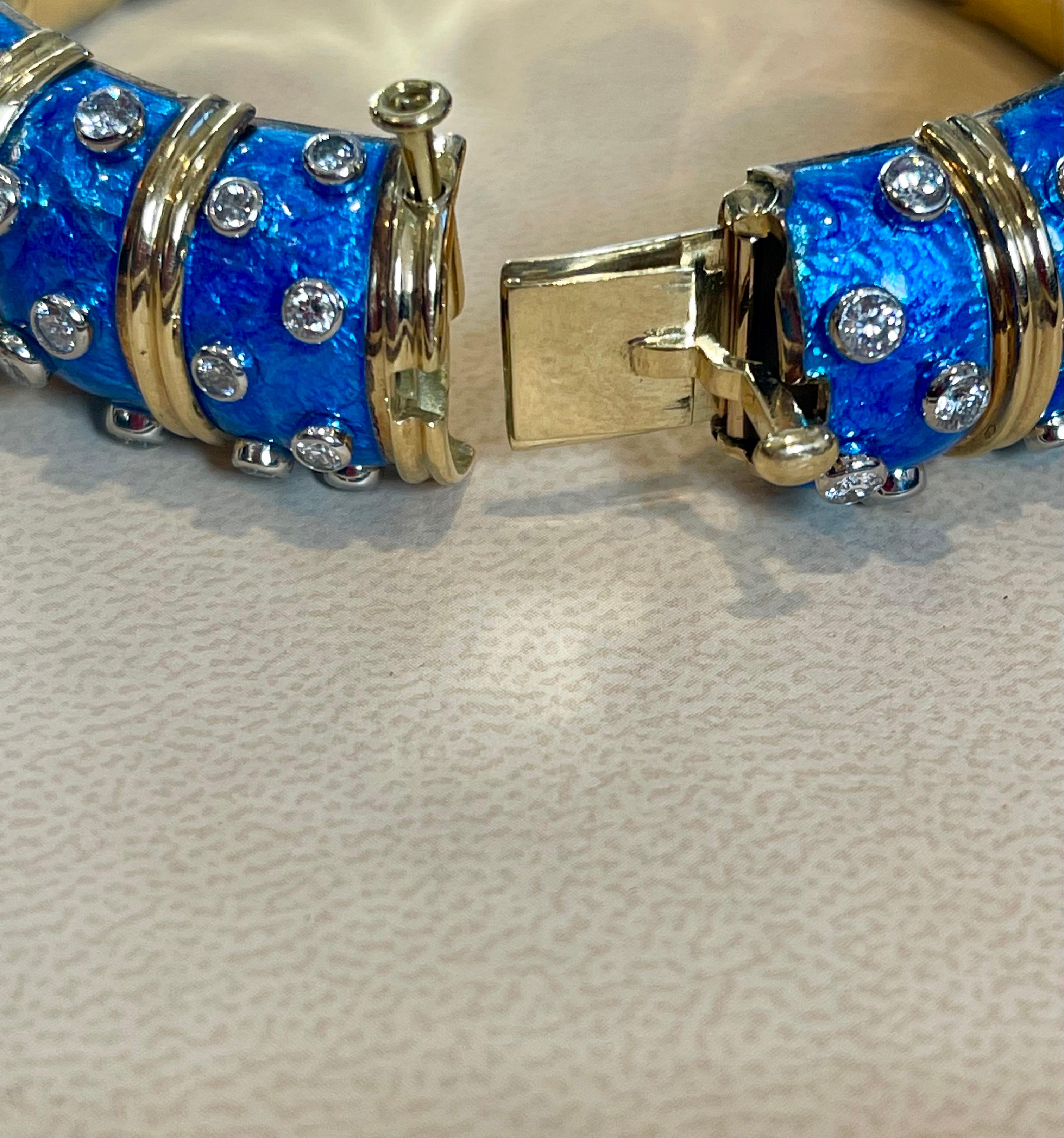 Tiffany & Co. Schlumberger Platinum 18 K Gold Blue Enamel 5.96 Ct Diamond Bangle For Sale 2