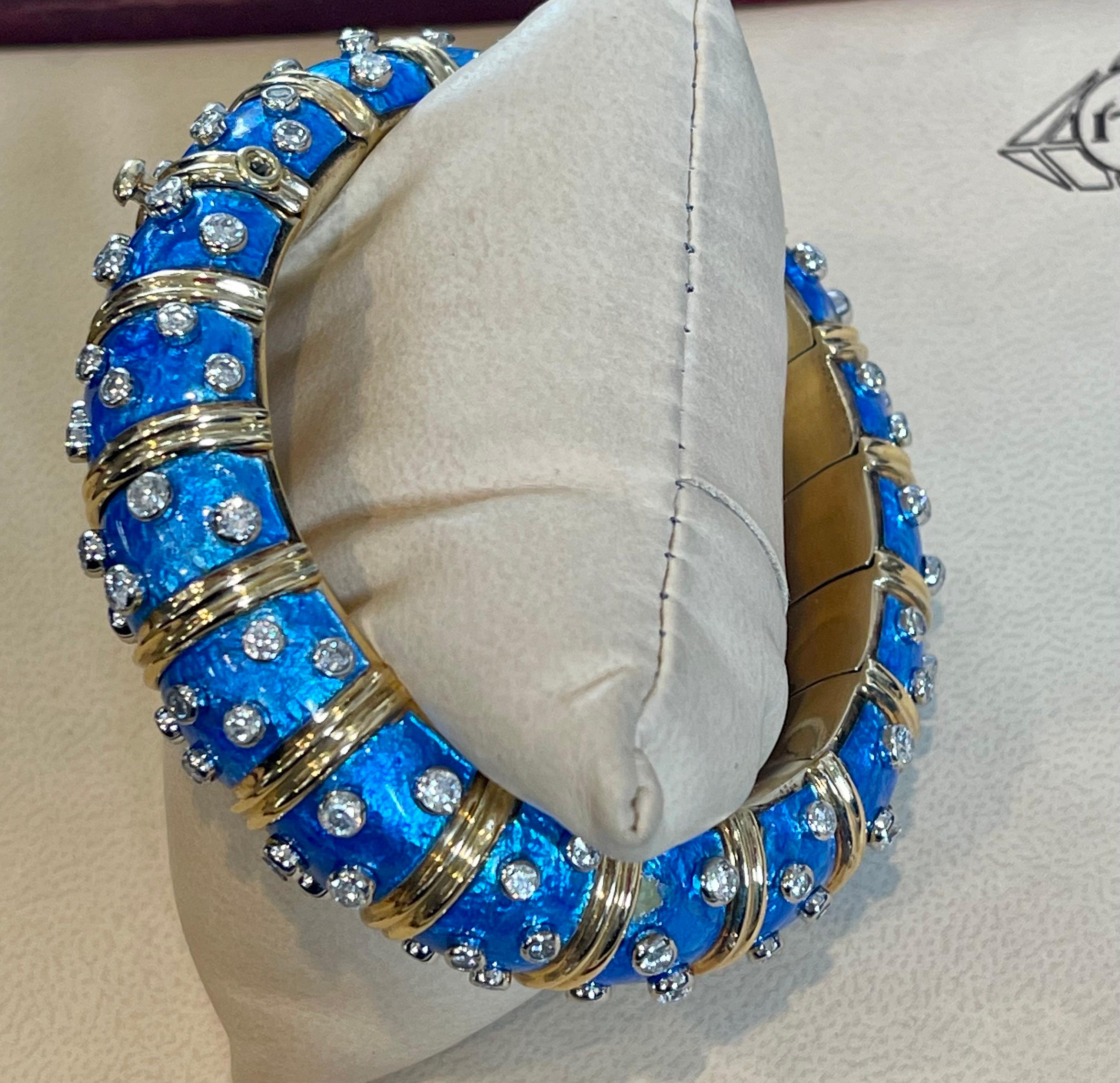 Tiffany & Co. Schlumberger Platinum 18 K Gold Blue Enamel 5.96 Ct Diamond Bangle For Sale 3