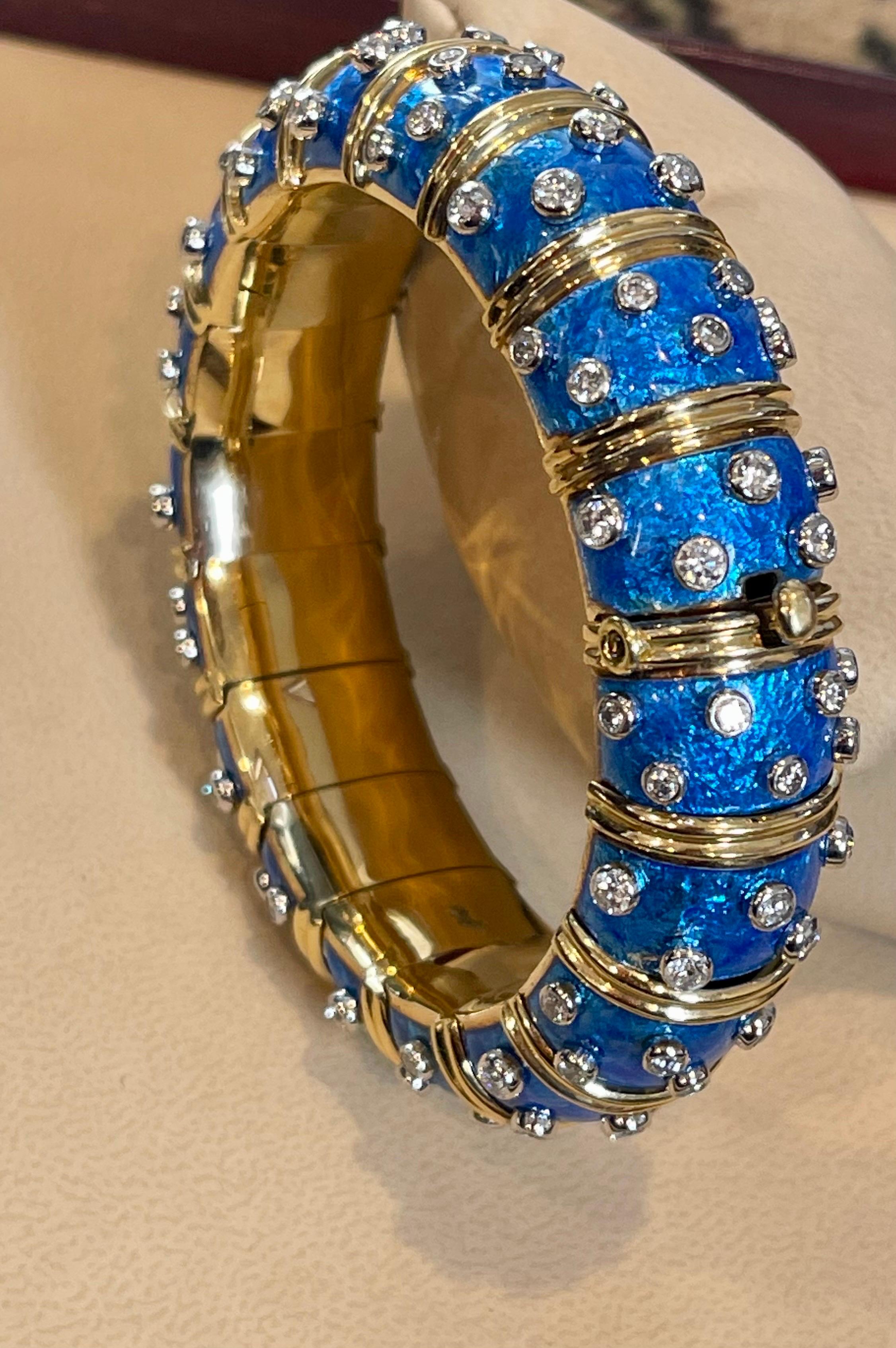 Tiffany & Co. Schlumberger Platinum 18 K Gold Blue Enamel 5.96 Ct Diamond Bangle For Sale 4