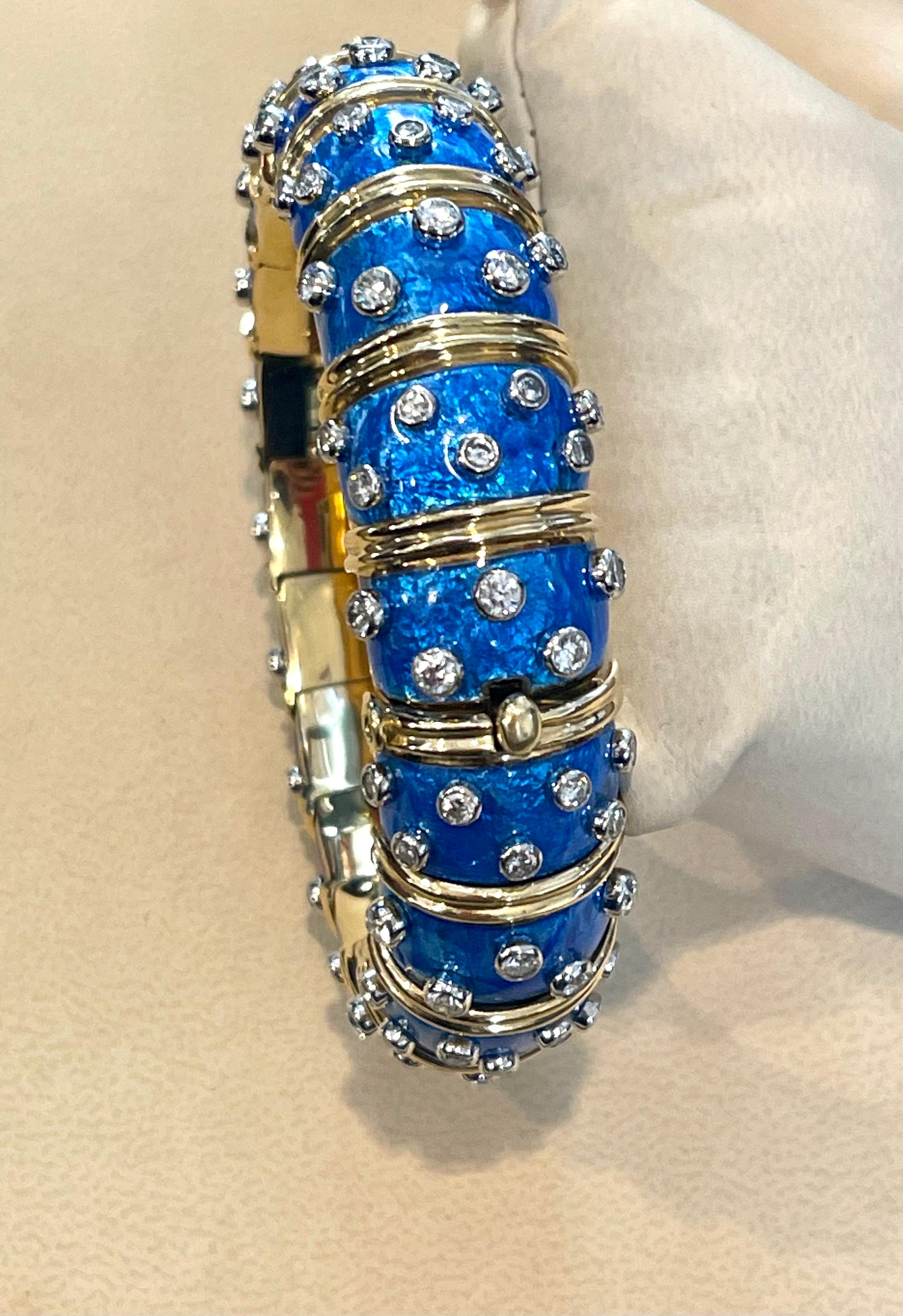 Tiffany & Co. Schlumberger Platinum 18 K Gold Blue Enamel 5.96 Ct Diamond Bangle For Sale 5
