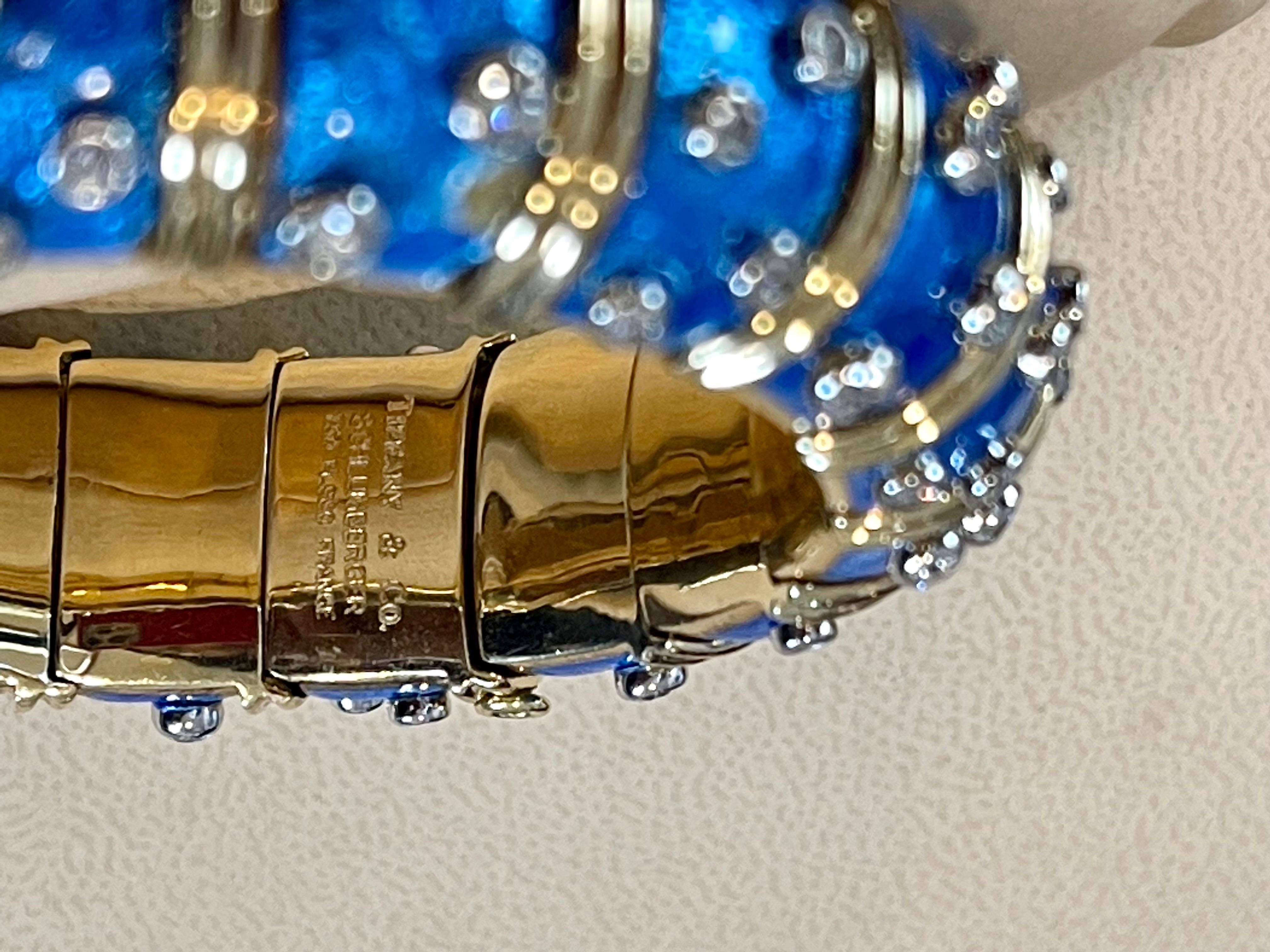 Tiffany & Co. Schlumberger Platinum 18 K Gold Blue Enamel 5.96 Ct Diamond Bangle For Sale 8