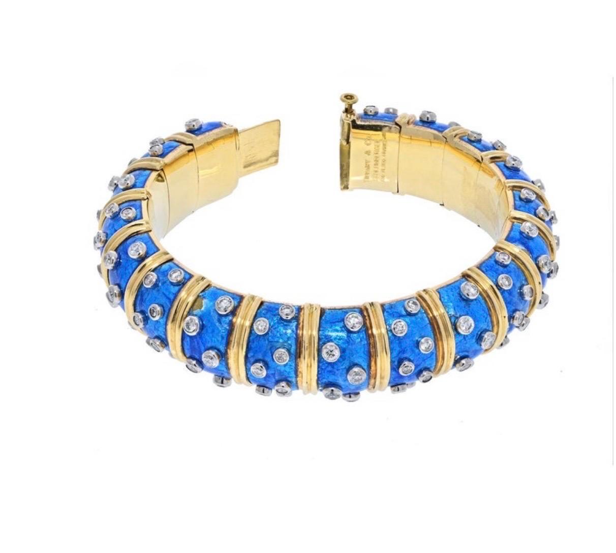 Tiffany & Co. Schlumberger Platinum 18 K Gold Blue Enamel 5.96 Ct Diamond Bangle For Sale 10