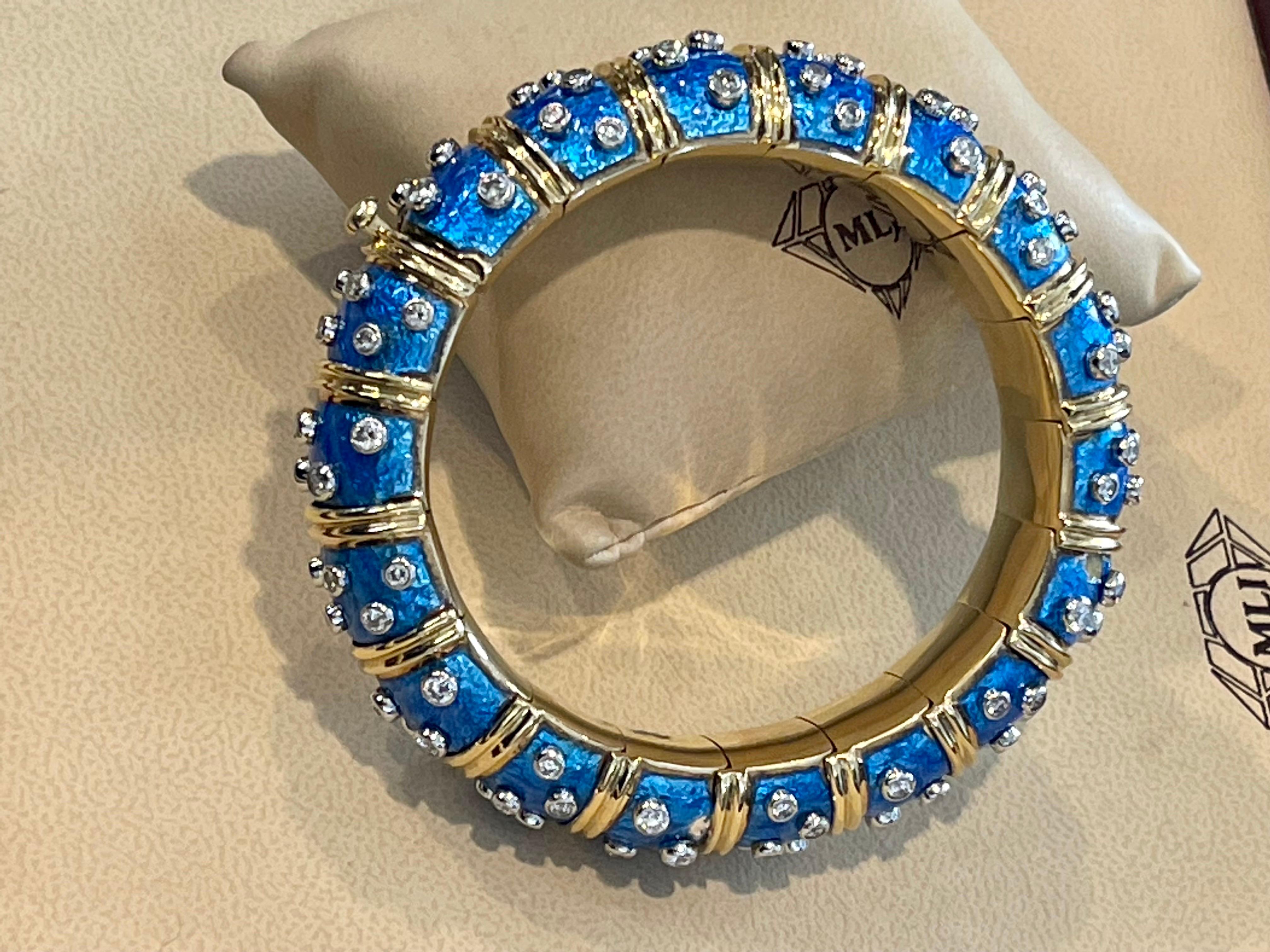 Retro Tiffany & Co. Schlumberger Platinum 18 K Gold Blue Enamel 5.96 Ct Diamond Bangle For Sale