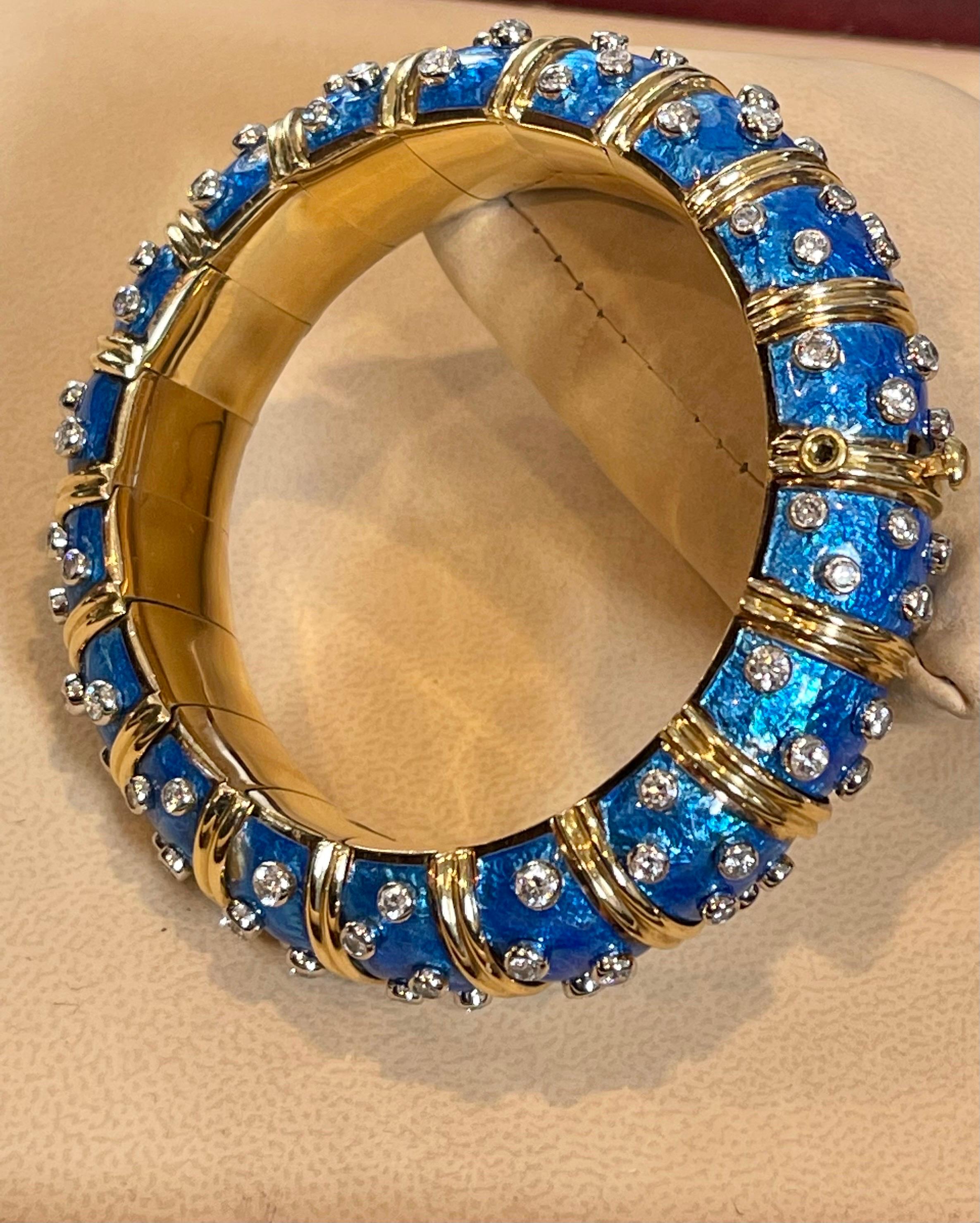 Tiffany & Co. Schlumberger Platinum 18 K Gold Blue Enamel 5.96 Ct Diamond Bangle In Excellent Condition For Sale In New York, NY