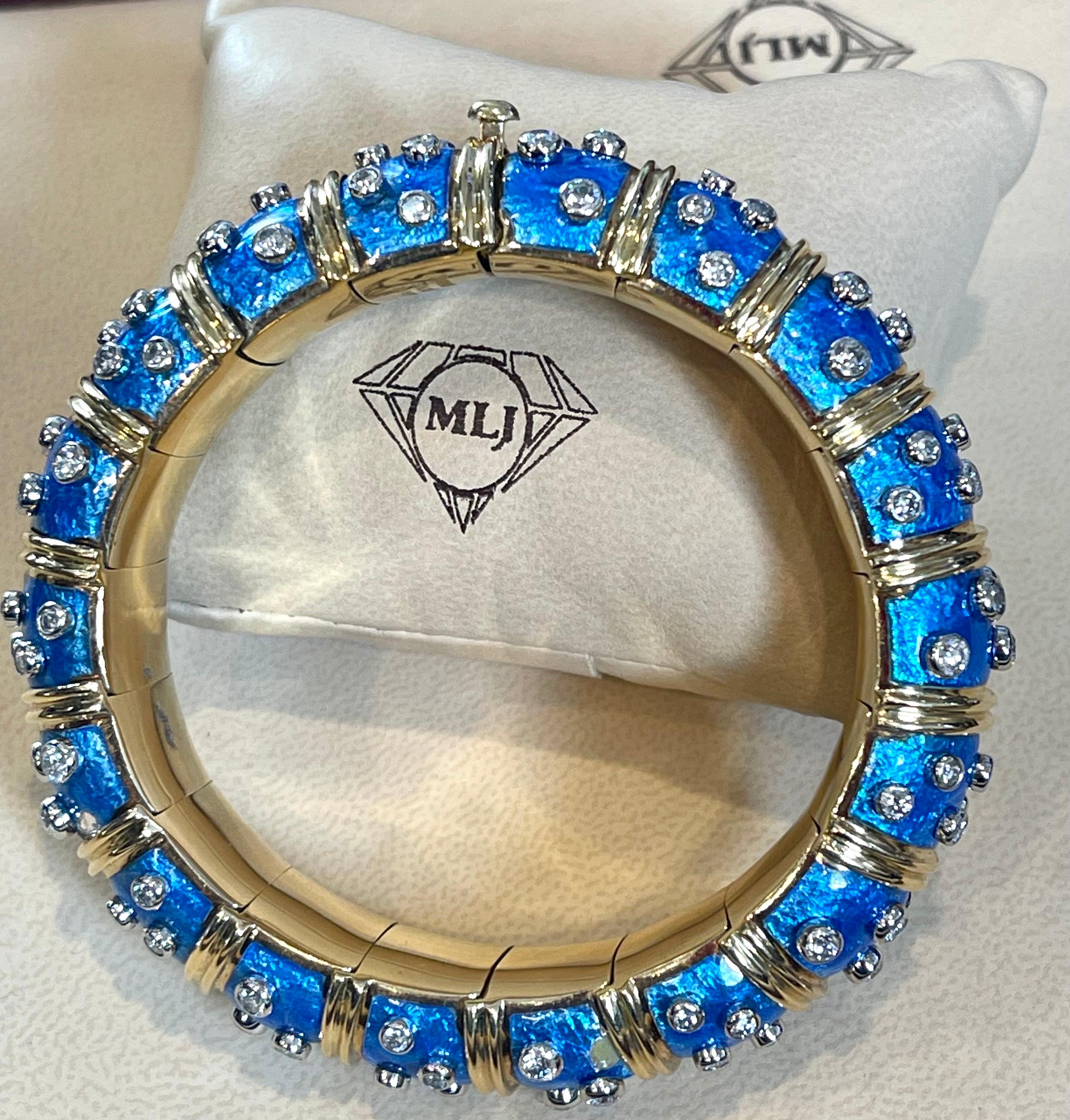 Women's Tiffany & Co. Schlumberger Platinum 18 K Gold Blue Enamel 5.96 Ct Diamond Bangle For Sale