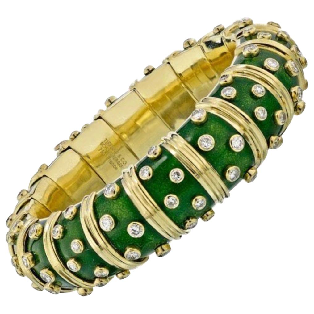 Tiffany & Co. Schlumberger Platinum 18 Karat Gold Green Enamel Diamond Bangle