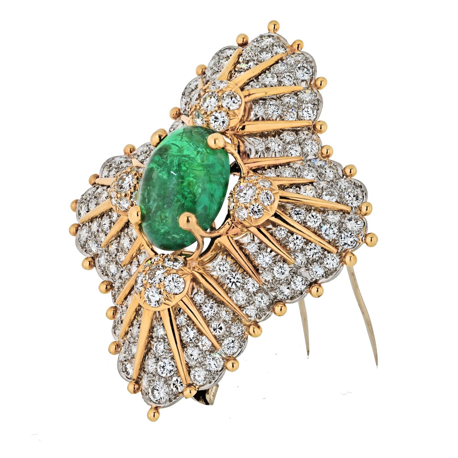 Modern Tiffany & Co. Schlumberger Platinum & 18K Gold Green Emerald And Diamond Brooch For Sale