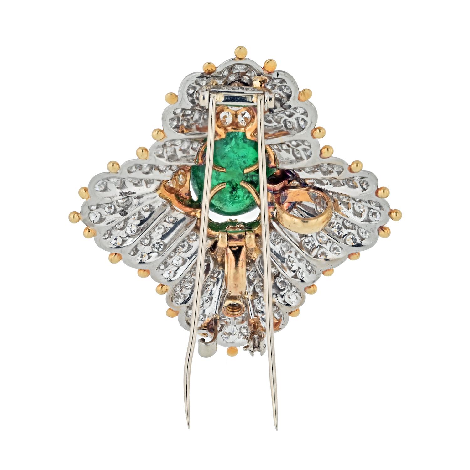 Tiffany & Co. Schlumberger Platinum & 18K Gold Green Emerald And Diamond Brooch In Excellent Condition For Sale In New York, NY