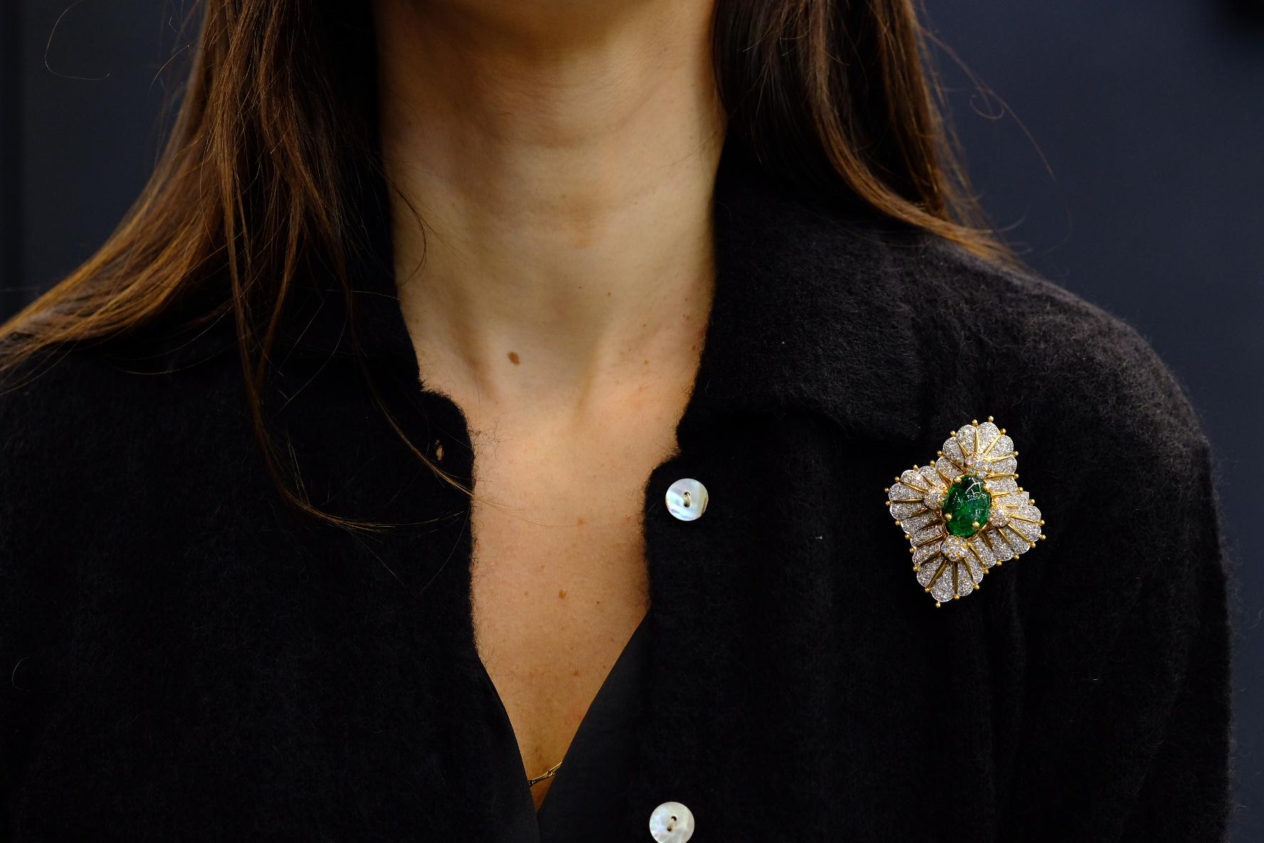 Women's or Men's Tiffany & Co. Schlumberger Platinum & 18K Gold Green Emerald And Diamond Brooch For Sale