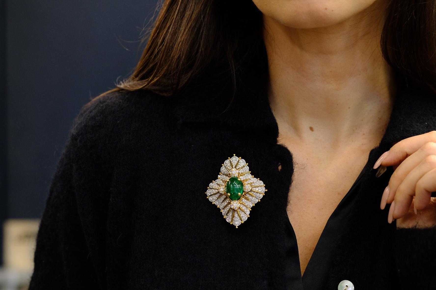 Tiffany & Co. Schlumberger Platinum & 18K Gold Green Emerald And Diamond Brooch For Sale 2