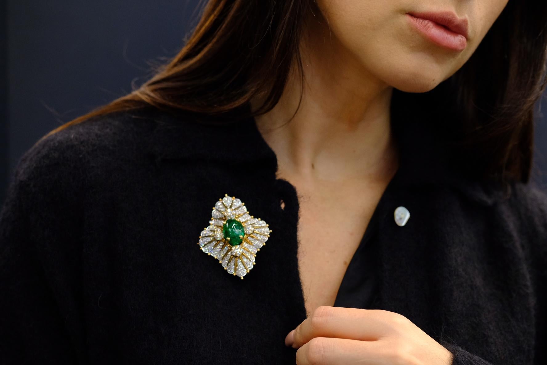 Tiffany & Co. Schlumberger Platinum & 18K Gold Green Emerald And Diamond Brooch For Sale 3