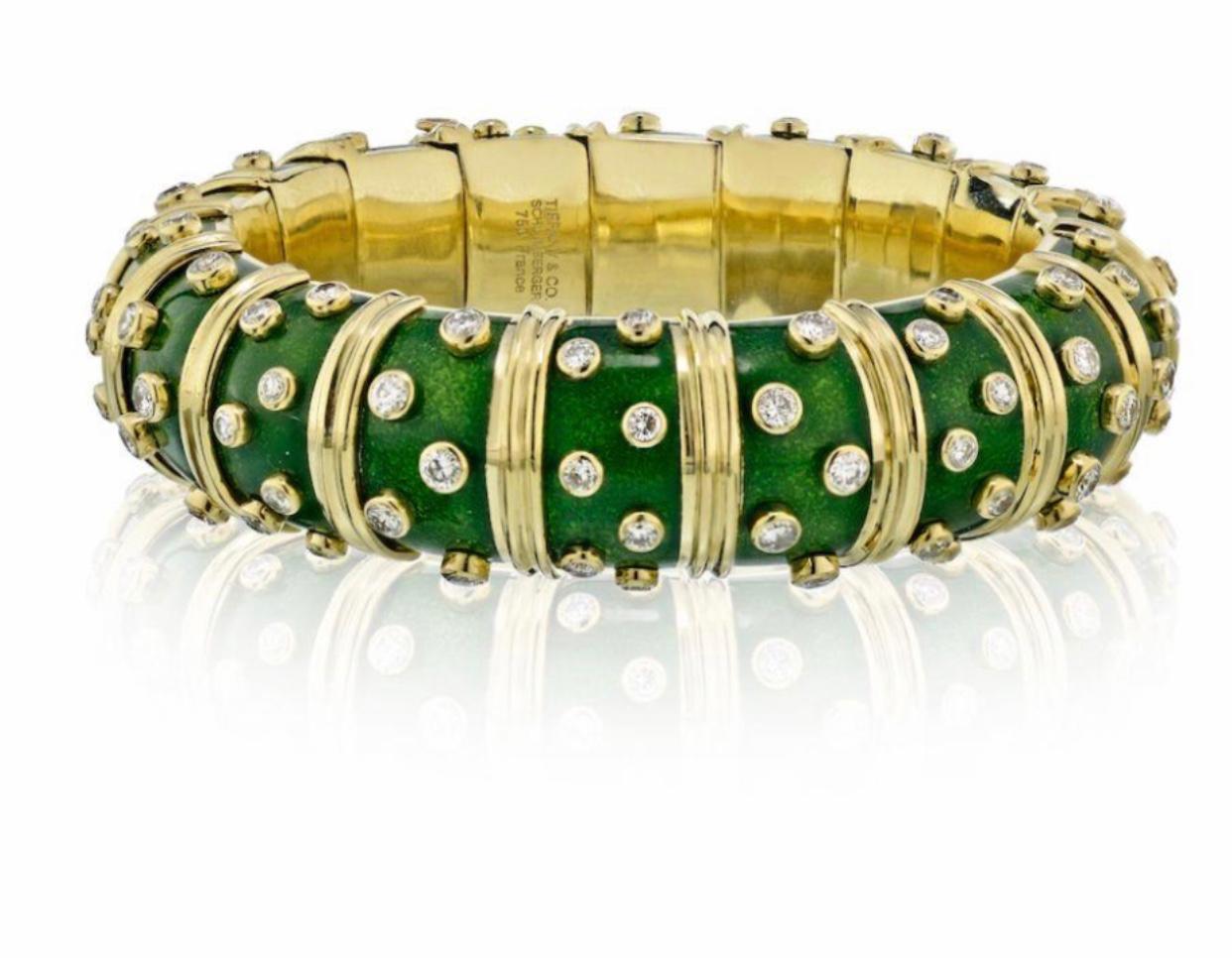 Tiffany & Co. Schlumberger Platinum 18 Karat Gold Green Enamel Diamond Bangle 1