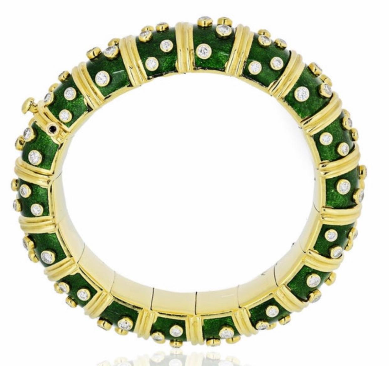 Tiffany & Co. Schlumberger Platinum 18 Karat Gold Green Enamel Diamond Bangle 2