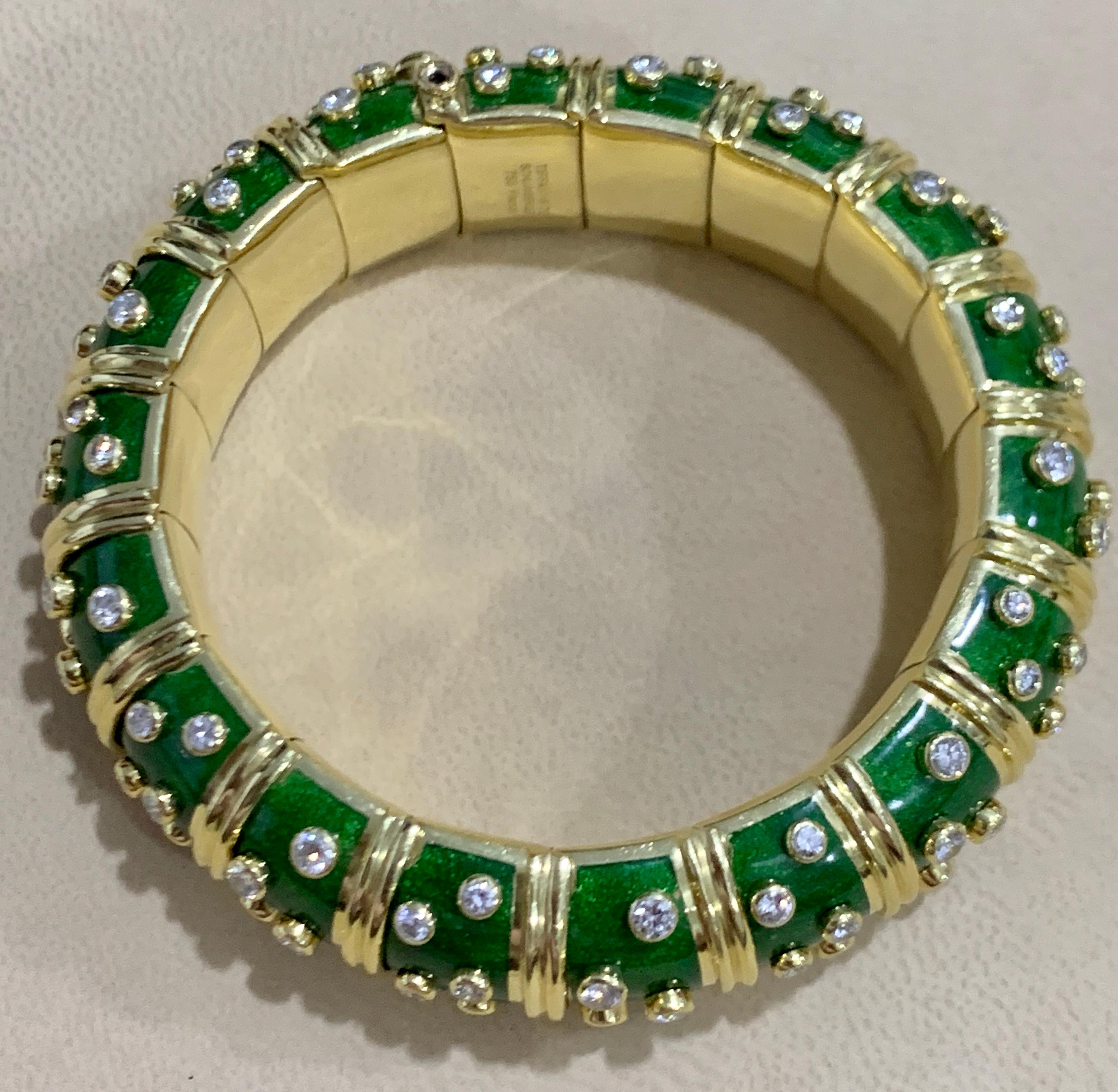 Tiffany & Co. Schlumberger Platinum 18 Karat Gold Green Enamel Diamond Bangle 4
