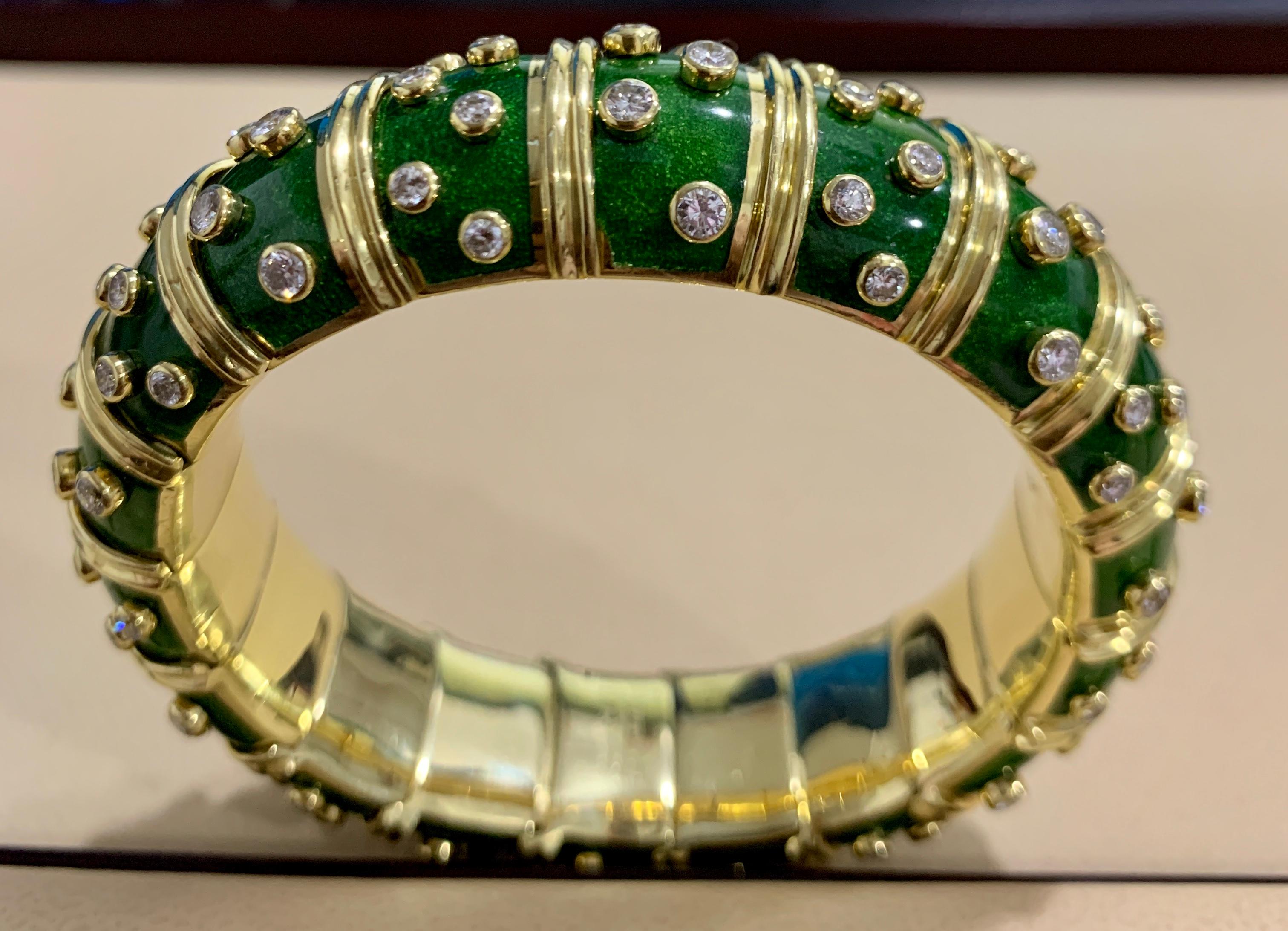 Tiffany & Co. Schlumberger Platinum 18 Karat Gold Green Enamel Diamond Bangle 5