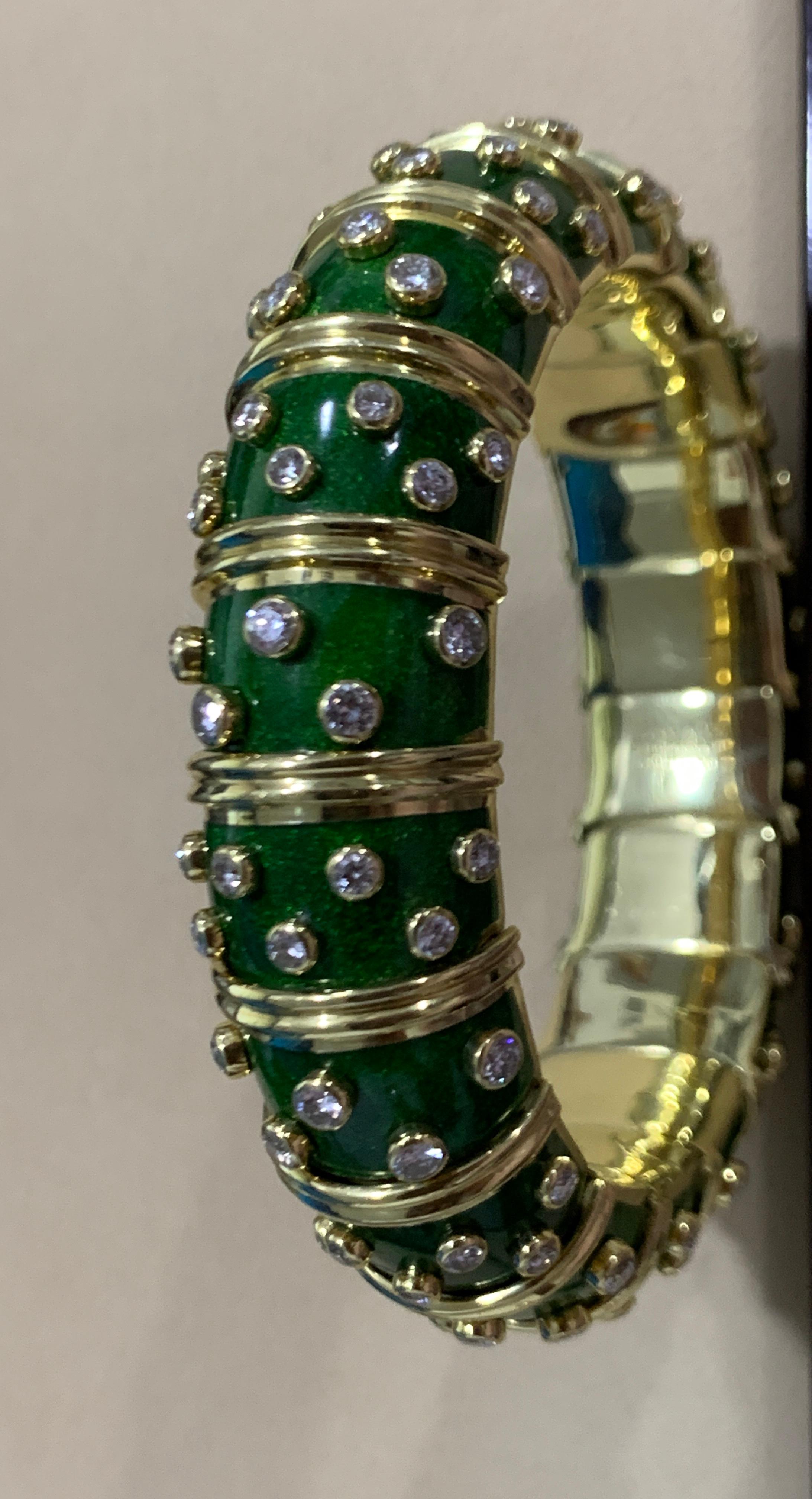 Tiffany & Co. Schlumberger Platinum 18 Karat Gold Green Enamel Diamond Bangle 6