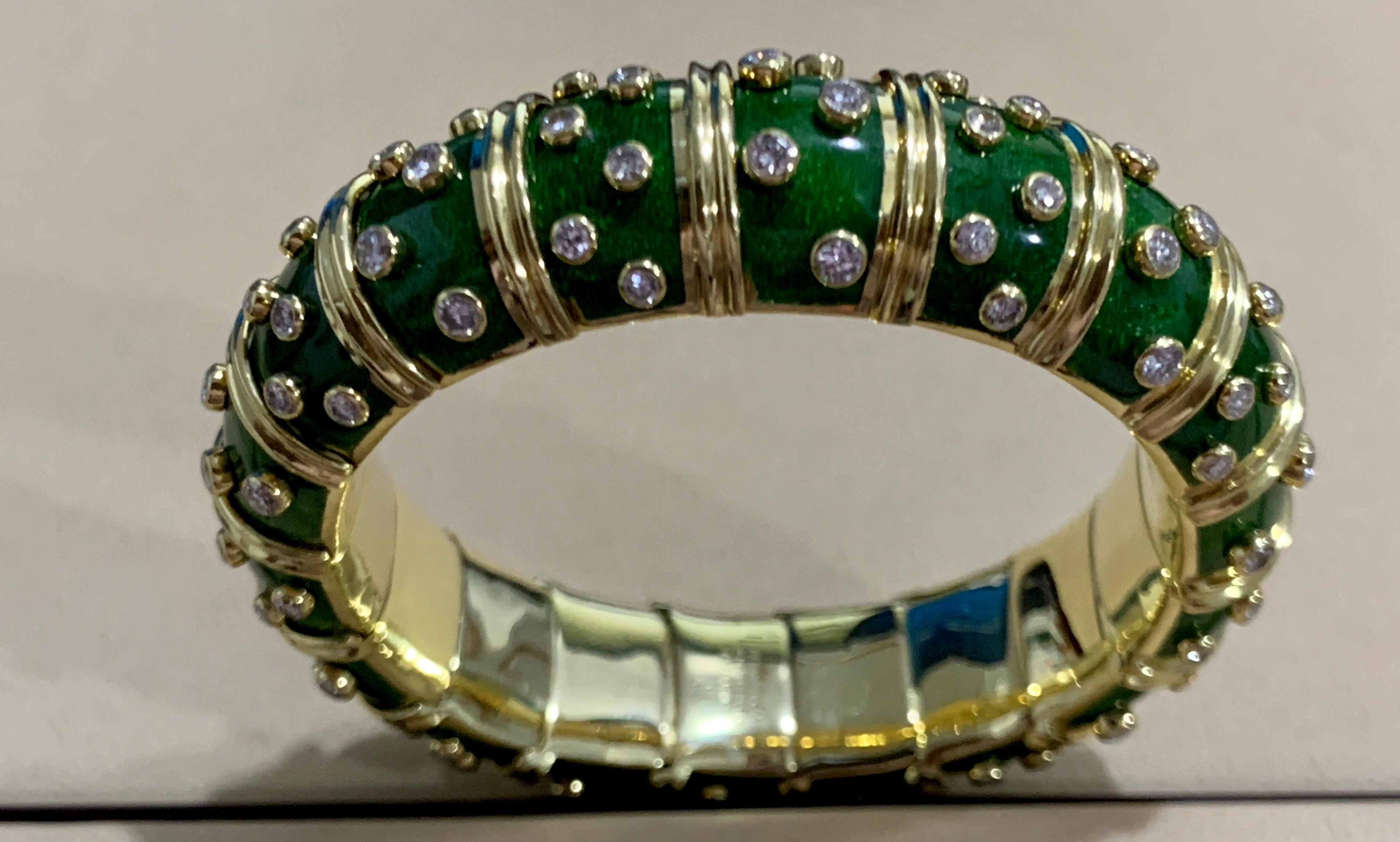 Tiffany & Co. Schlumberger Platinum 18 Karat Gold Green Enamel Diamond Bangle 7
