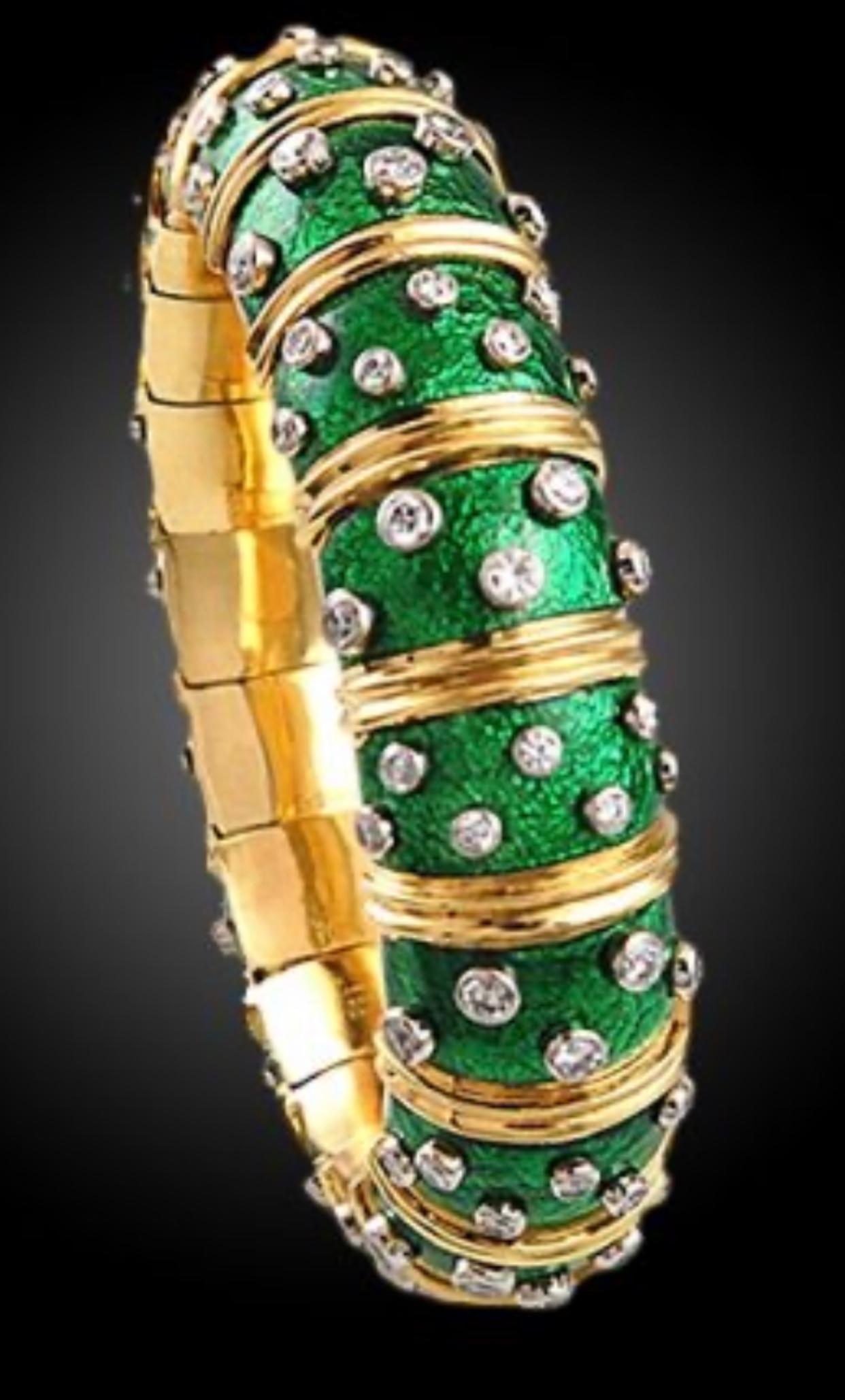 Retro Tiffany & Co. Schlumberger Platinum 18 Karat Gold Green Enamel Diamond Bangle