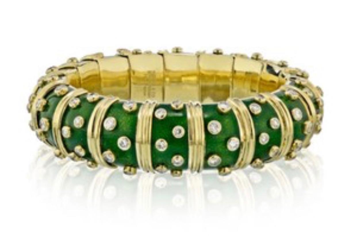 Round Cut Tiffany & Co. Schlumberger Platinum 18 Karat Gold Green Enamel Diamond Bangle