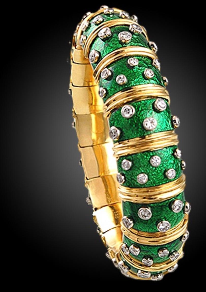 Tiffany & Co. Schlumberger Platinum 18 Karat Gold Green Enamel Diamond Bangle In Excellent Condition In New York, NY