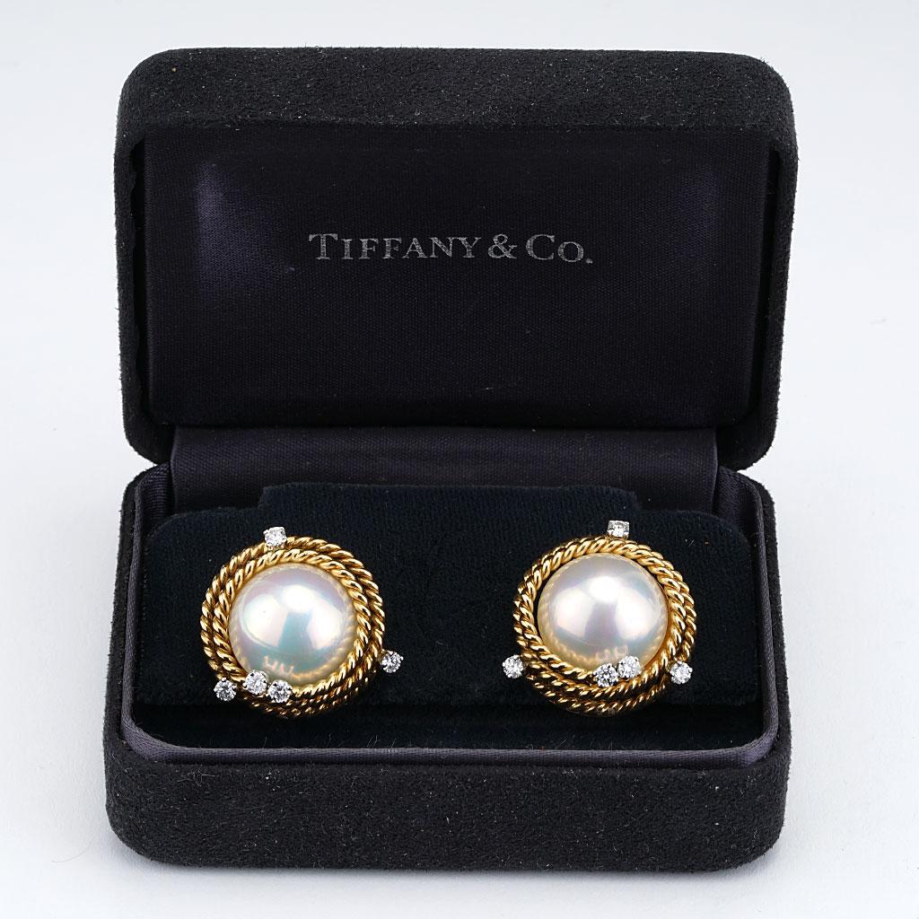 Women's Tiffany & Co. Schlumberger Platinum 18K Yellow Gold Mabe Pearl Diamond Earrings