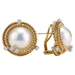 Tiffany & Co. Schlumberger Platinum 18K Yellow Gold Mabe Pearl Diamond Earrings