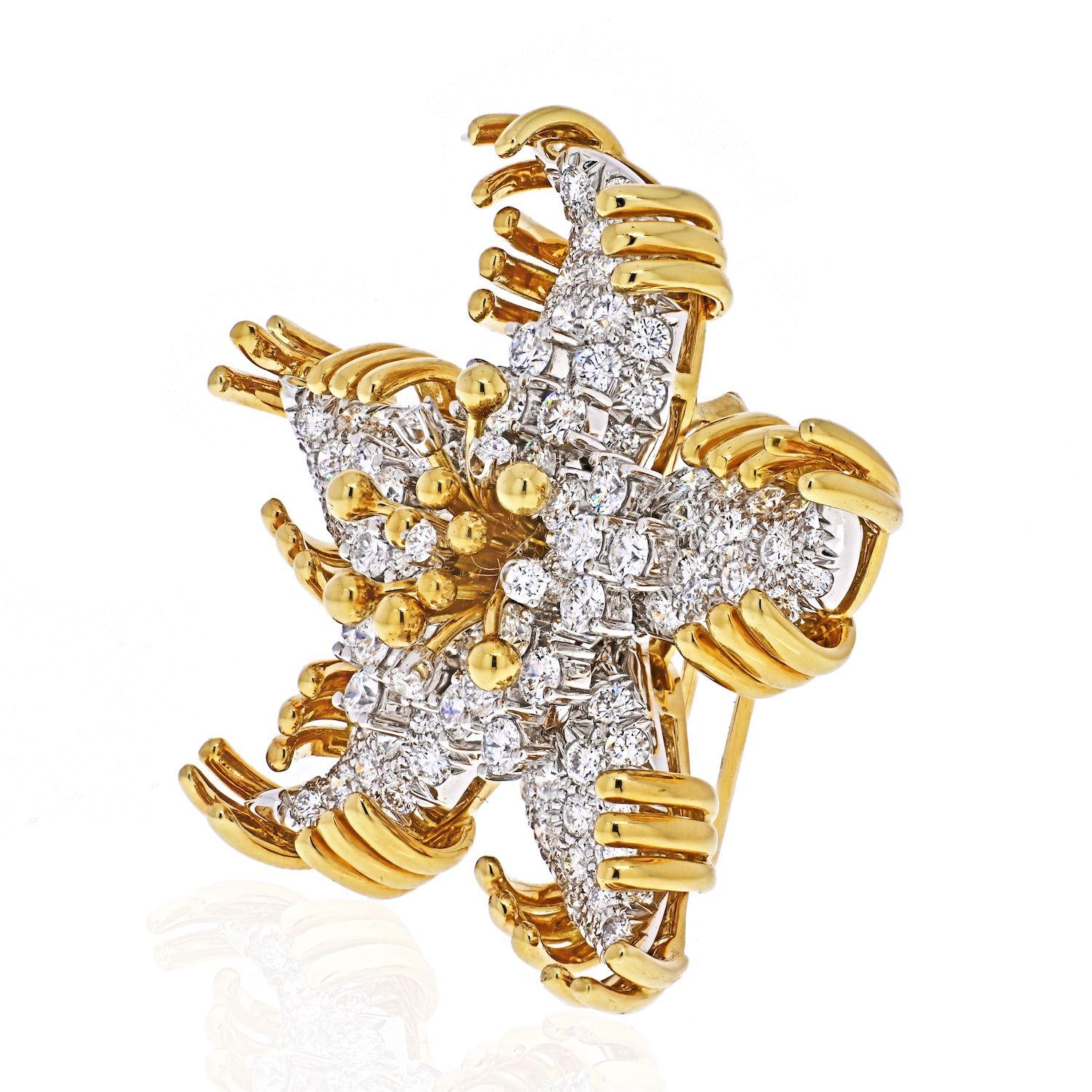 Fabolous Tiffany & Co. Schlumberger Platinum & 18K Yellow Gold Starfish Diamond Brooch.
Mounted with approximately 134 round diamonds weighing a total of approximately 7.50 - 8.50 carats.
Width: 4.2 x 4.8 cm
