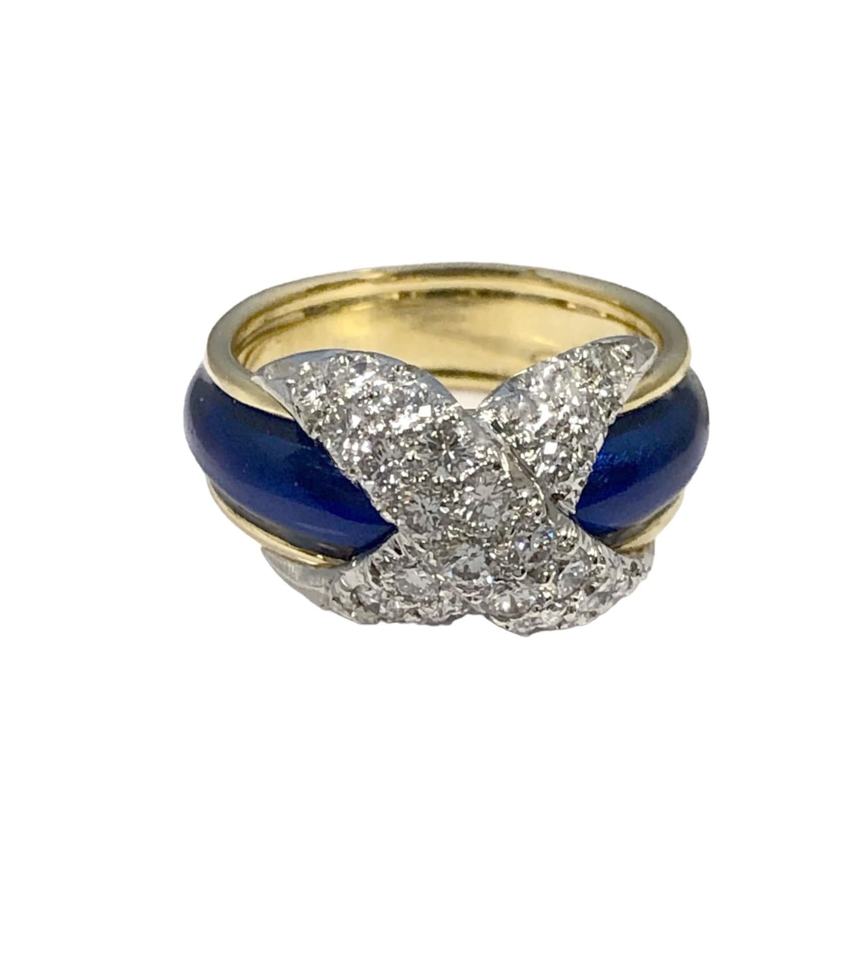 Taglio rotondo Tiffany & Co. Anello Schlumberger in platino e oro a X con diamanti e smalto