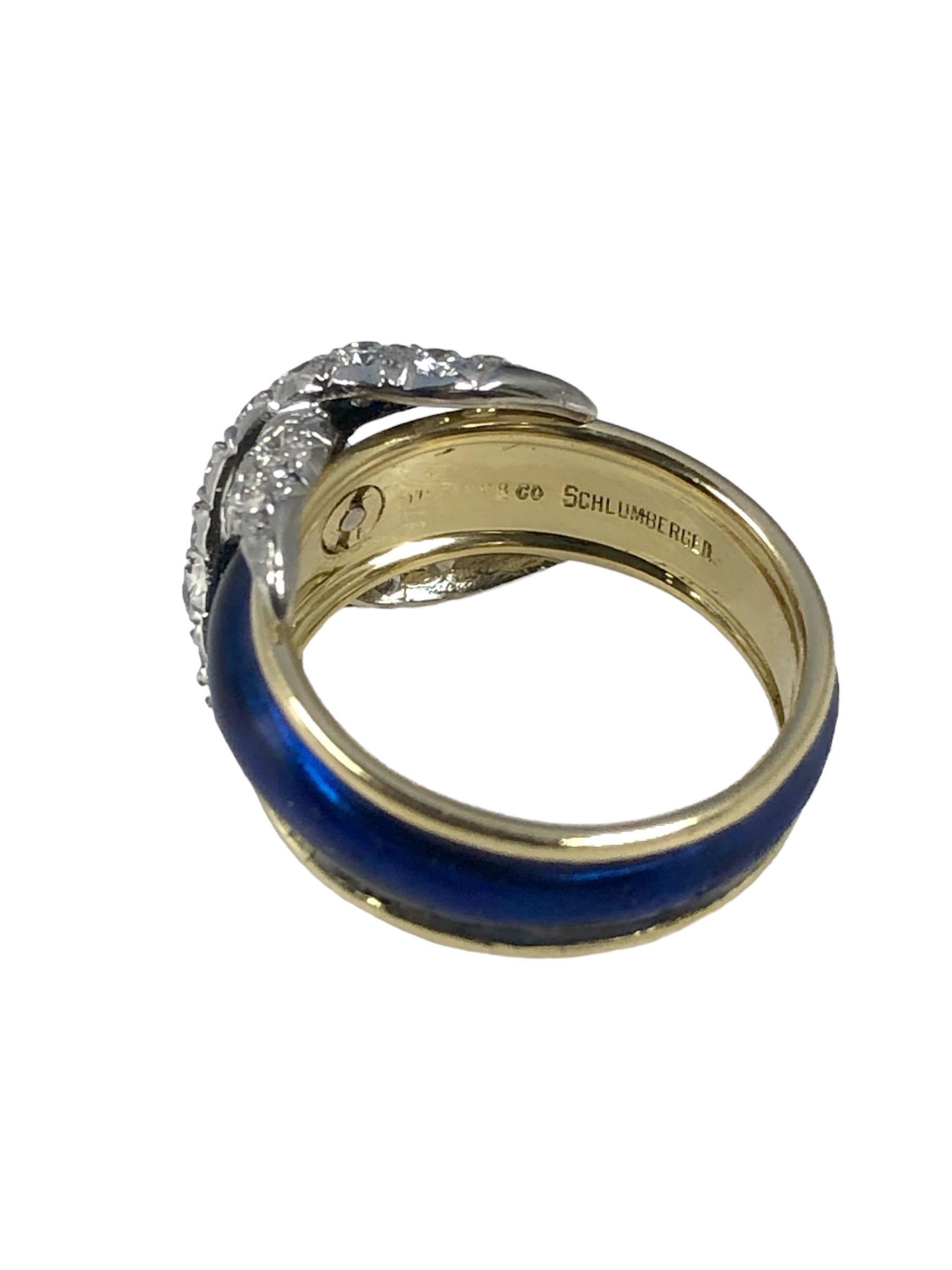 da uomo o donna Tiffany & Co. Anello Schlumberger in platino e oro a X con diamanti e smalto