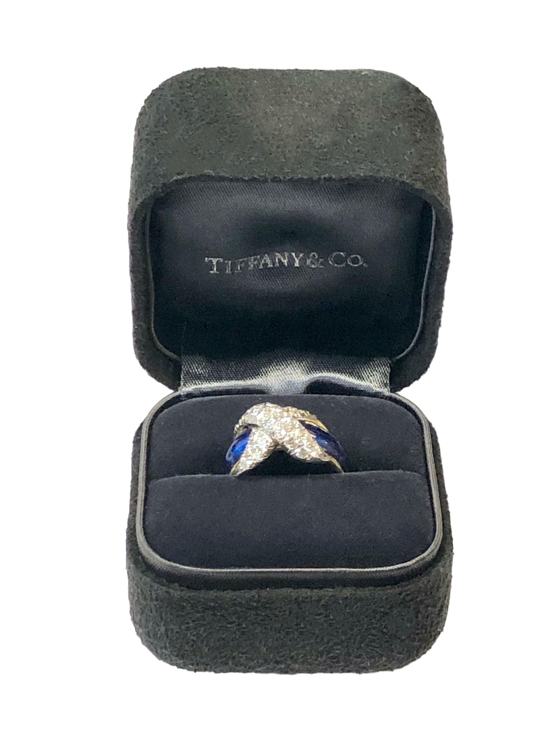 Tiffany & Co. Anello Schlumberger in platino e oro a X con diamanti e smalto 1