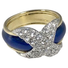 Tiffany & Co Schlumberger Platinum and Gold X Ring with Diamonds and Enamel