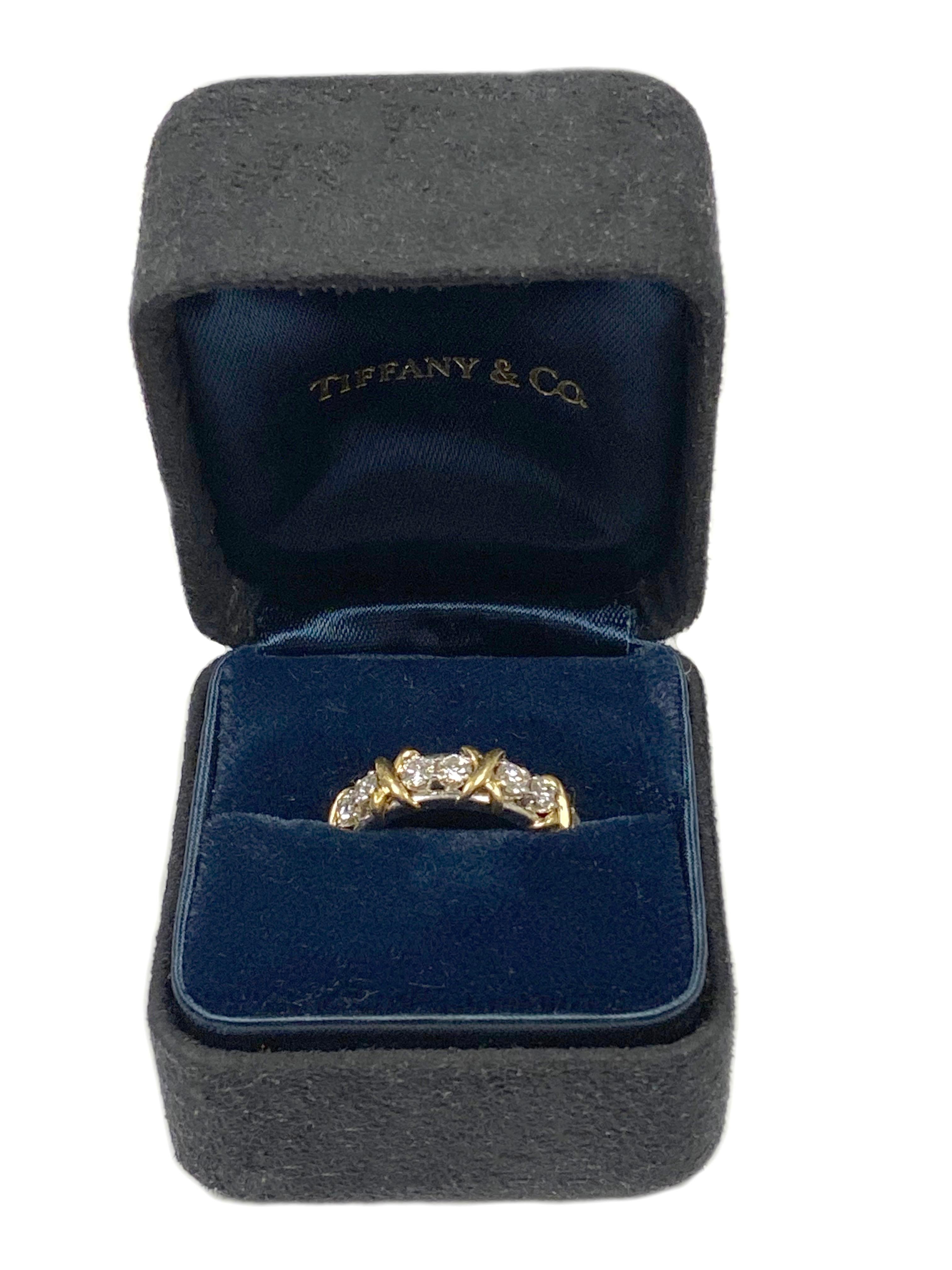 Tiffany & Co. Schlumberger Platinum Gold and Diamond Classic X Band Ring In Excellent Condition In Chicago, IL