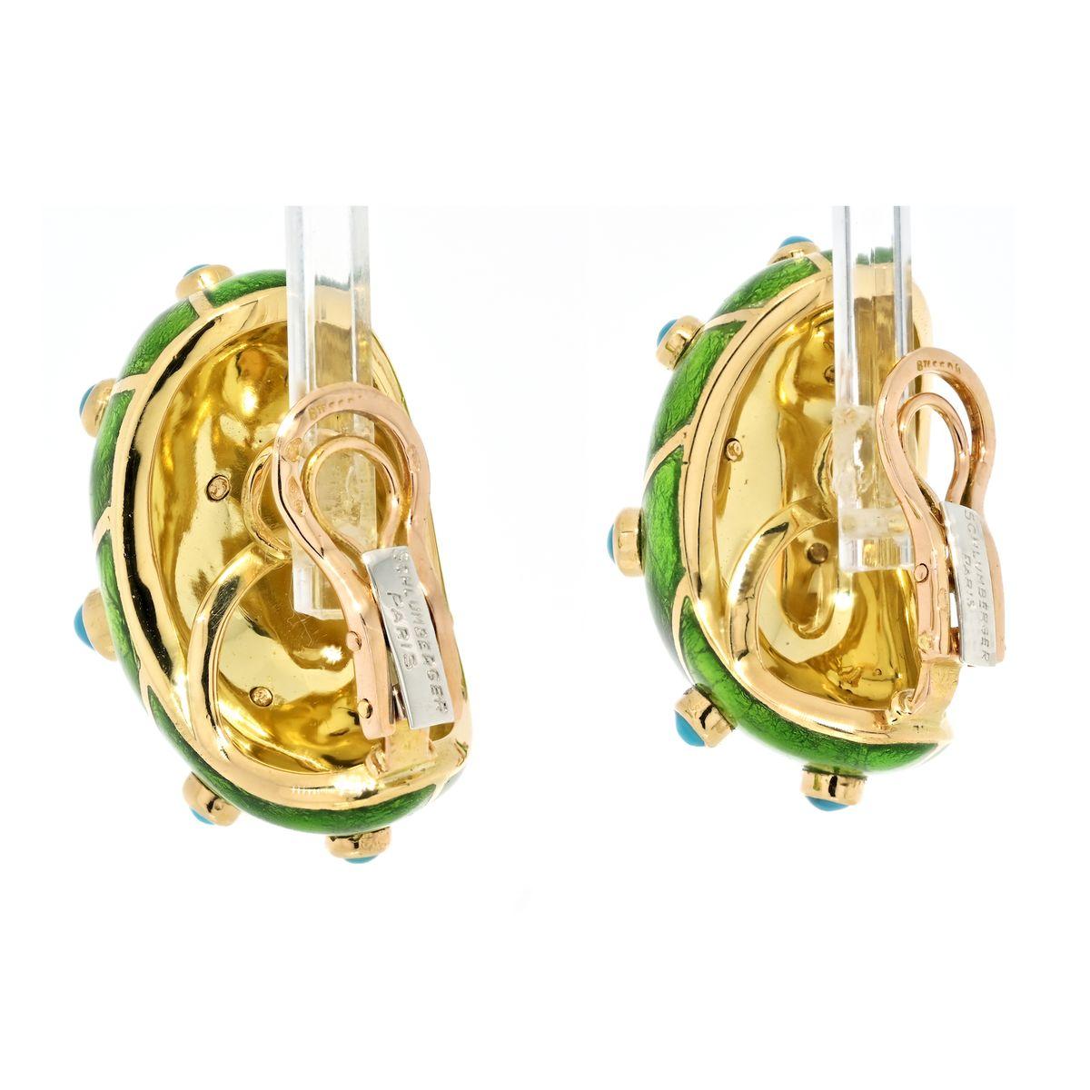 Behold the rarity of a remarkable pair: the Tiffany & Co. Schlumberger Platinum & 18K Yellow Gold Green Enamel Turquoise Earrings, often fondly referred to as 