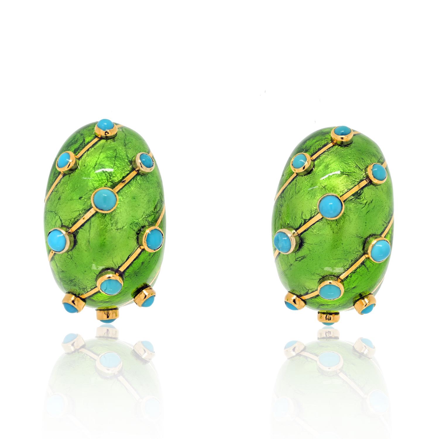 Experience the unparalleled rarity of an extraordinary pair: the Tiffany & Co. Schlumberger Platinum & 18K Yellow Gold Green Enamel Turquoise Earrings, famously known as 