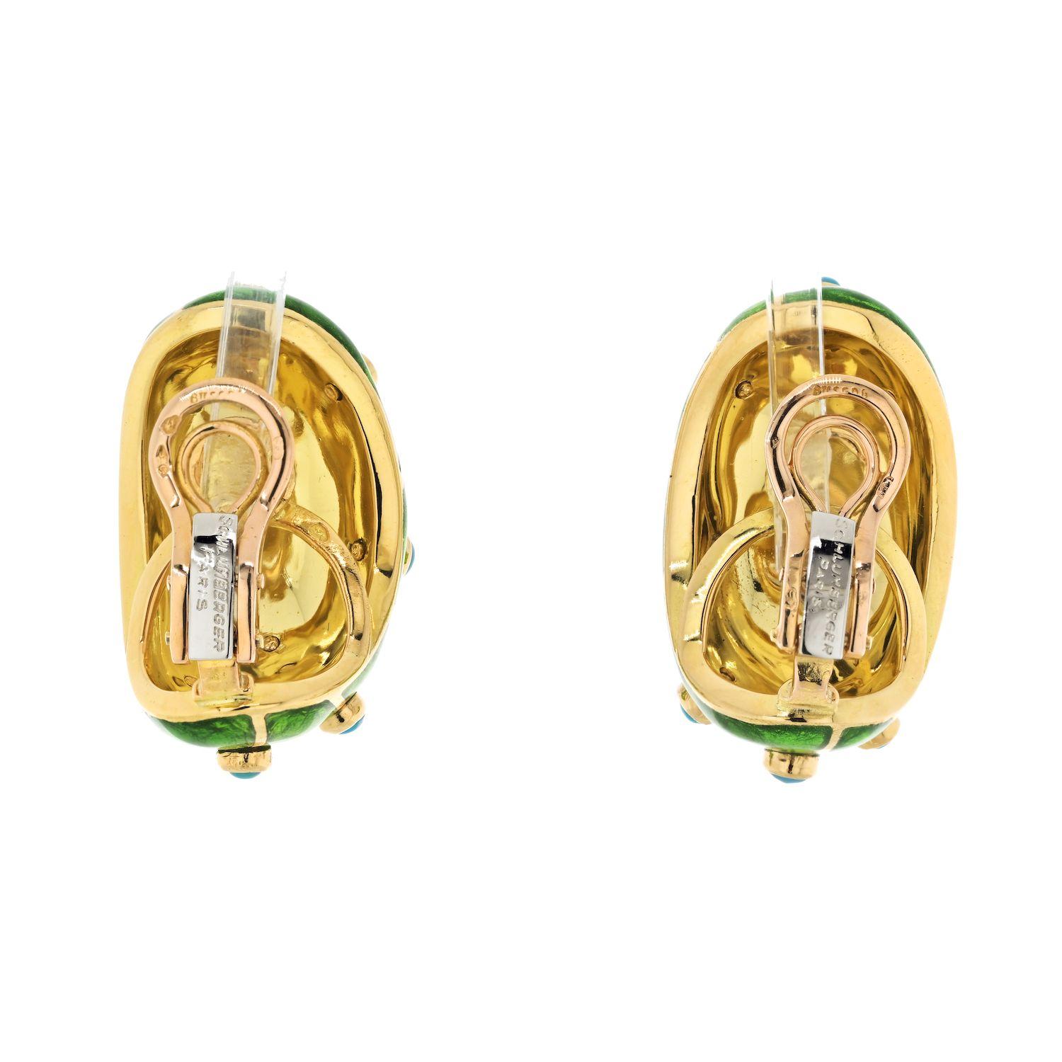 Modern Tiffany & Co. Schlumberger Platinum & Gold Green Enamel Turquoise Earrings