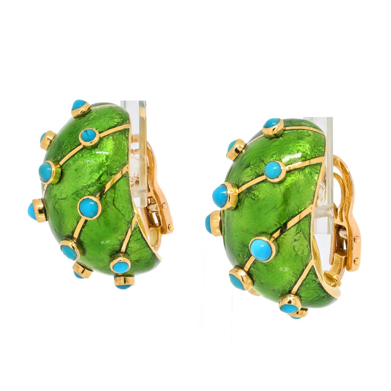 Cabochon Tiffany & Co. Schlumberger Platinum & Gold Green Enamel Turquoise Earrings