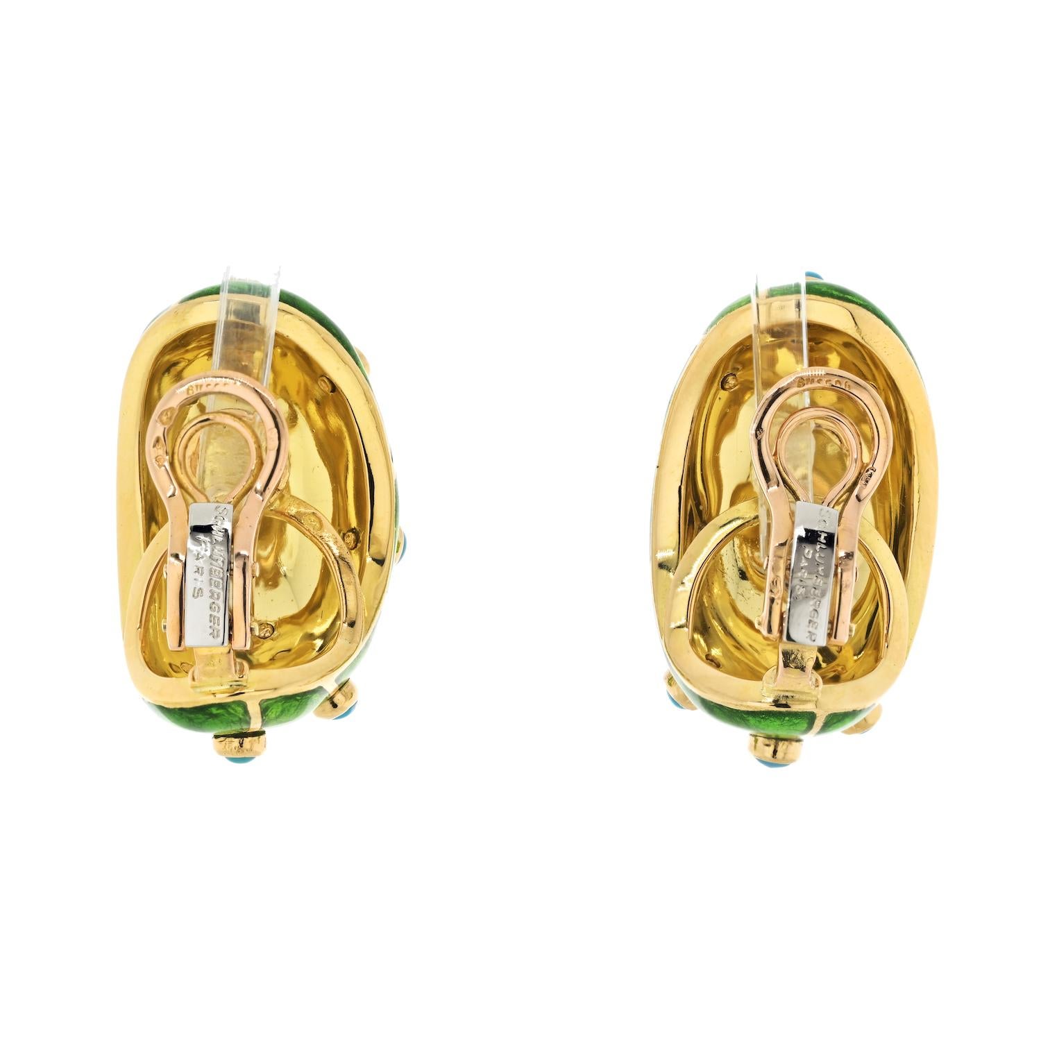 Tiffany & Co. Schlumberger Platinum & Gold Green Enamel Turquoise Earrings In Excellent Condition In New York, NY