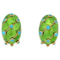 Vintage Tiffany & Co. Schlumberger Platinum & Gold Green Enamel Turquoise Earrings