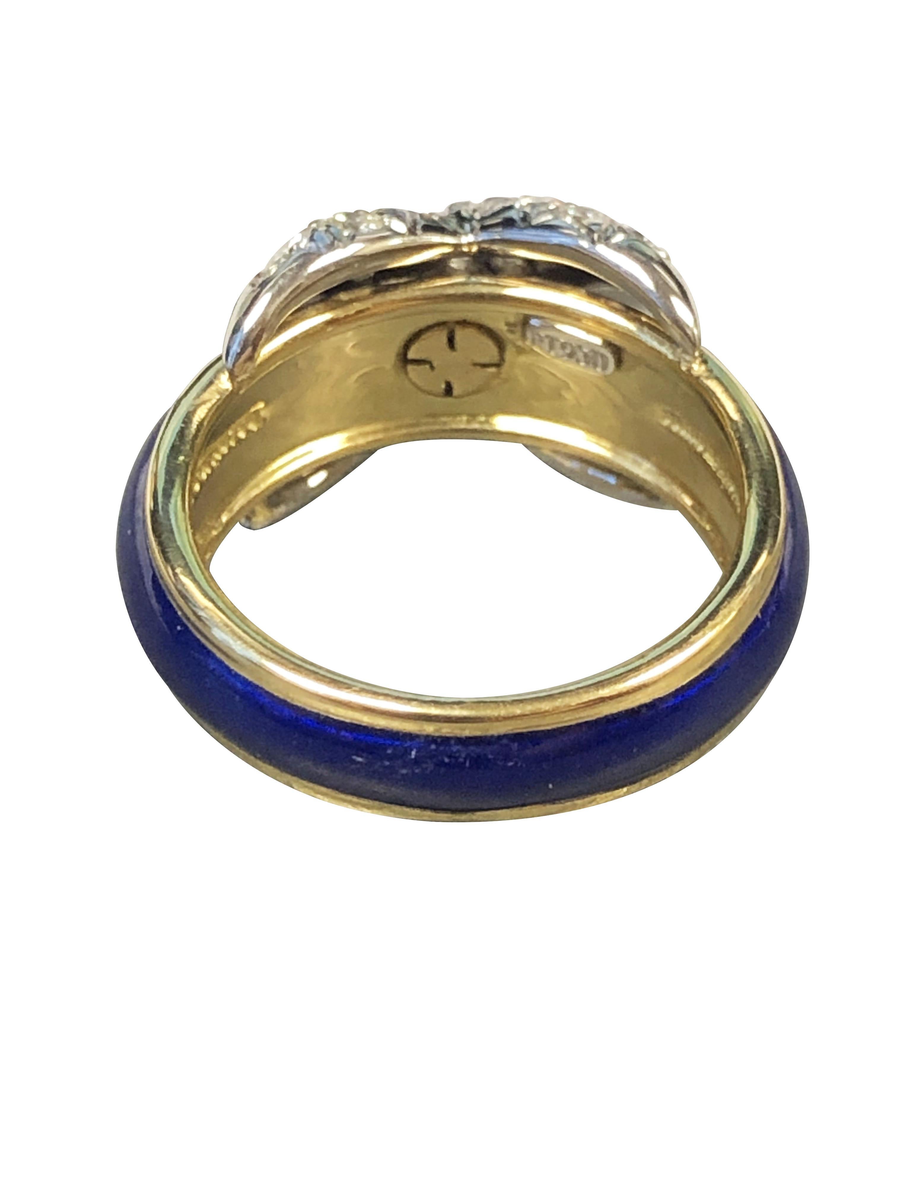 Round Cut Tiffany & Co Schlumberger Platinum Gold X Ring with Diamonds and Enamel