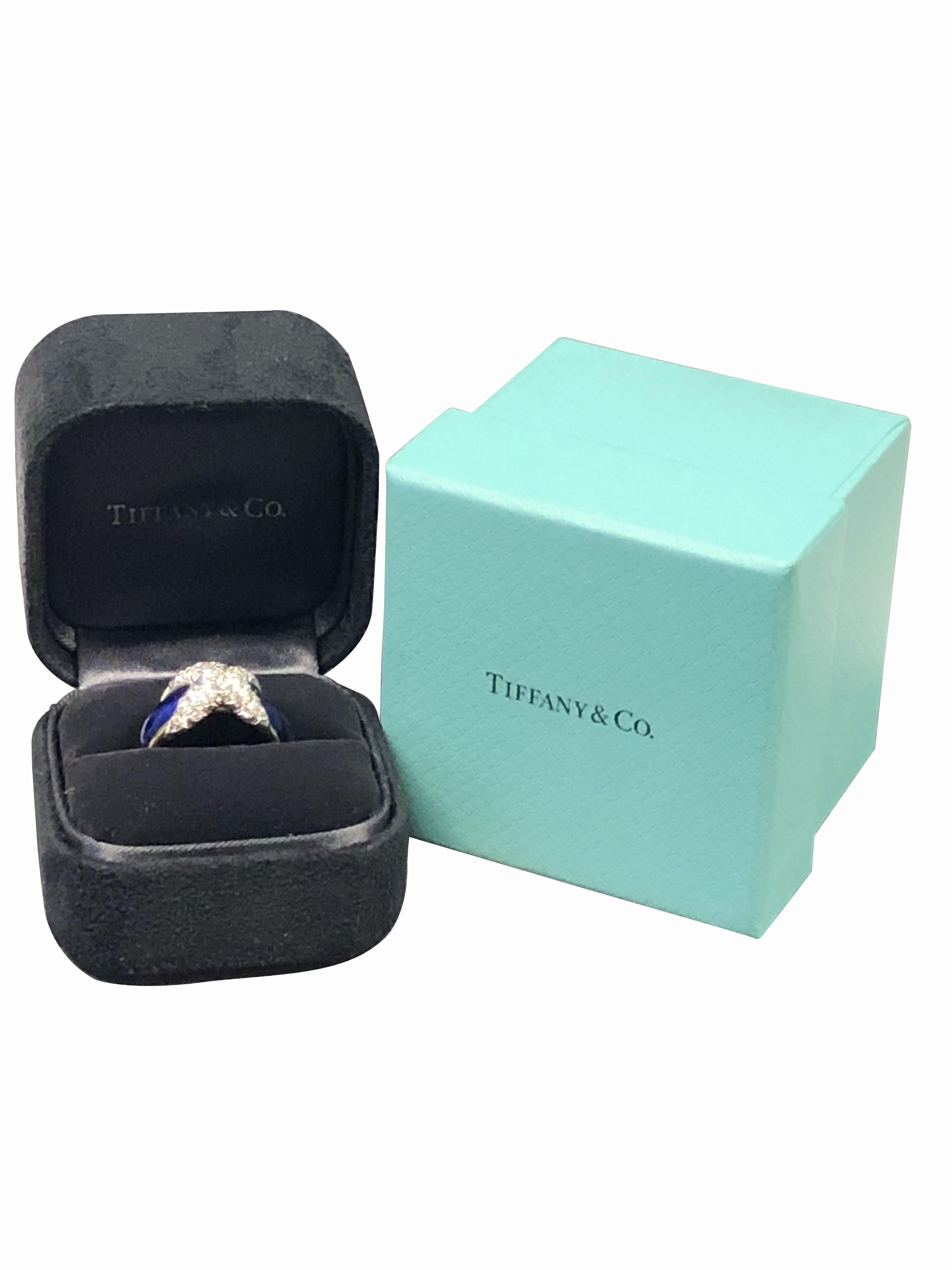 Women's Tiffany & Co Schlumberger Platinum Gold X Ring with Diamonds and Enamel
