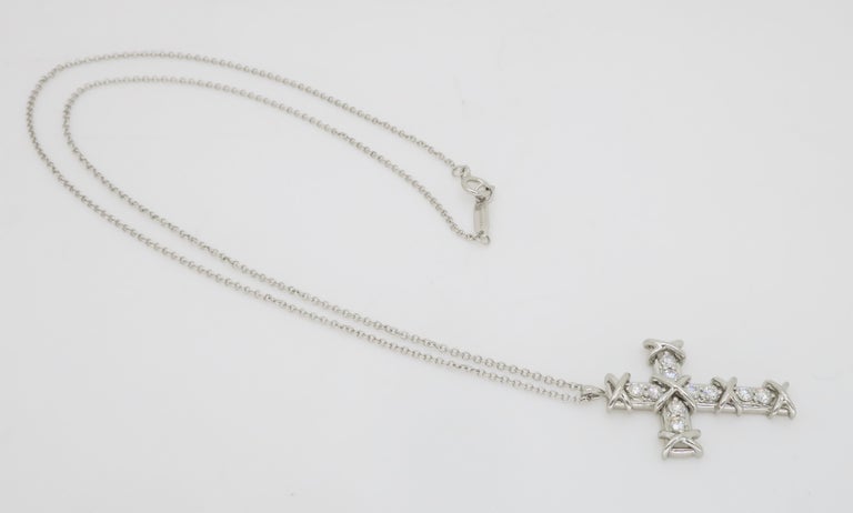 Round Cut Tiffany & Co. Schlumberger Platinum Ten Stone Cross Pendant For Sale