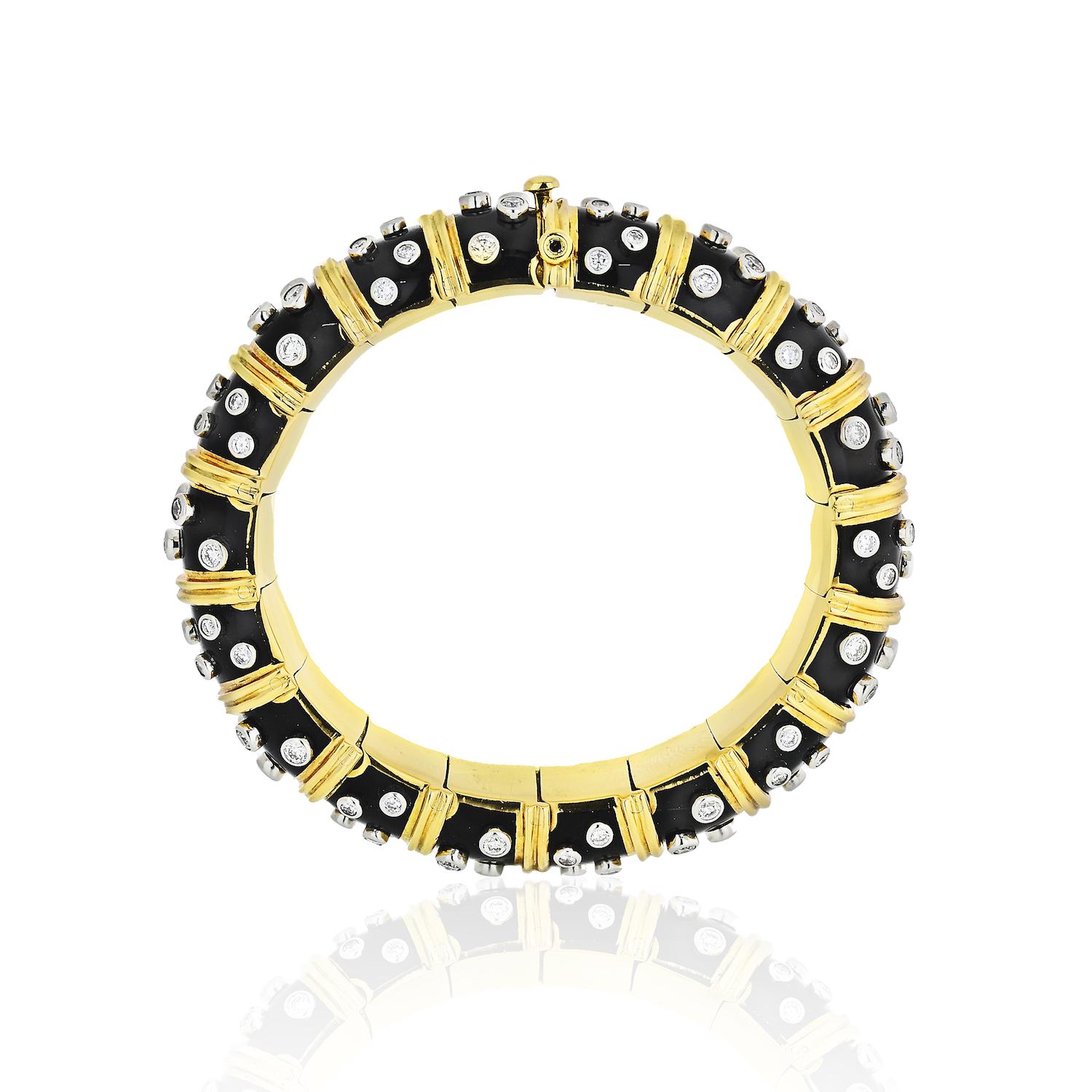 Modern Tiffany & Co. Schlumberger Platinum, Yellow Gold Black Enamel Diamond Bracelet