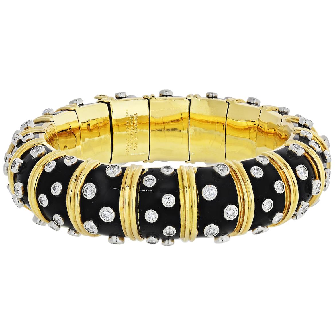 Tiffany & Co. Schlumberger Platinum, Yellow Gold Black Enamel Diamond Bracelet