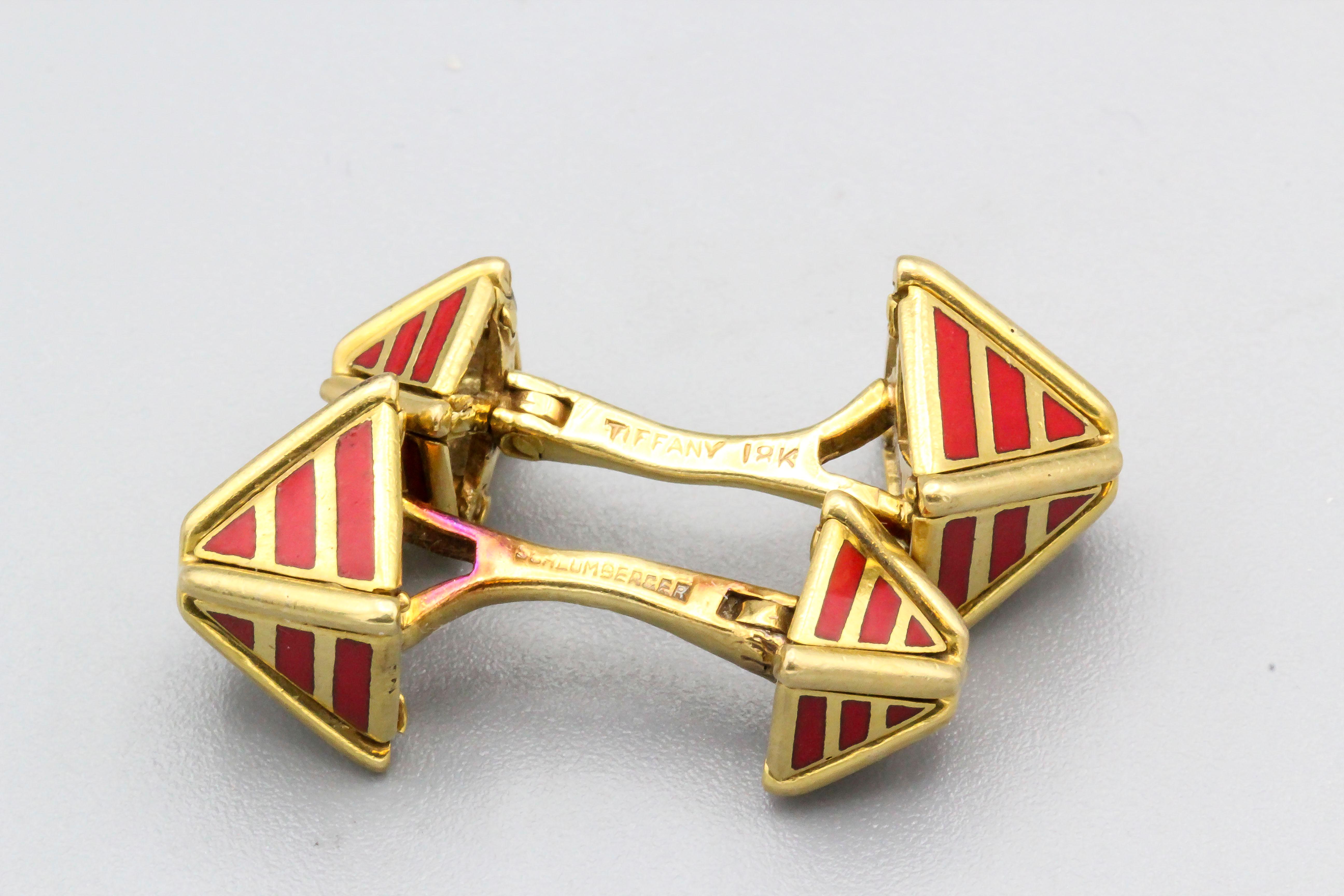 Tiffany & Co. Schlumberger Red Enamel 18k Gold Pyramid Cufflinks In Good Condition In New York, NY