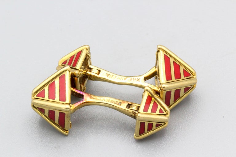 Men's Tiffany & Co. Schlumberger Red Enamel 18k Gold Pyramid Cufflinks For Sale