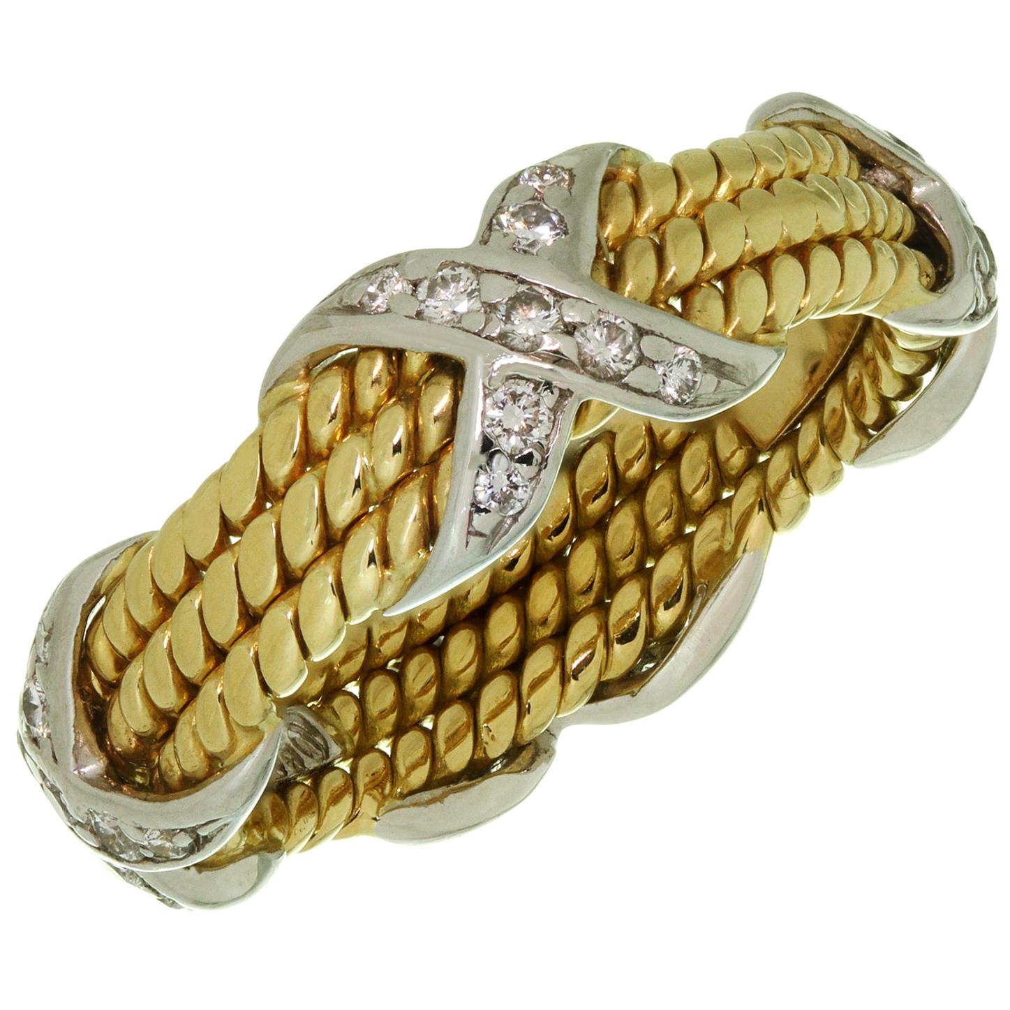 Tiffany & Co. Schlumberger Rope 3-Row Diamond Platinum Gold Ring. Sz.50