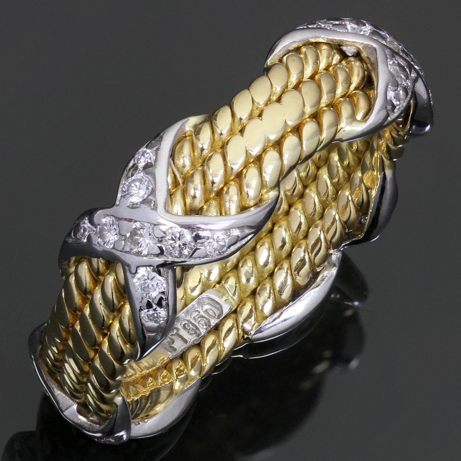 This classic Tiffany & Co. ring was designed by Jean Schlumberger and features a 3-row rope design crafted in 18k yellow gold and accented with 4 950 platinum X motifs set with round brilliant D-F VVS2-VS1 diamonds weighing an estimated 0.28 carats.
