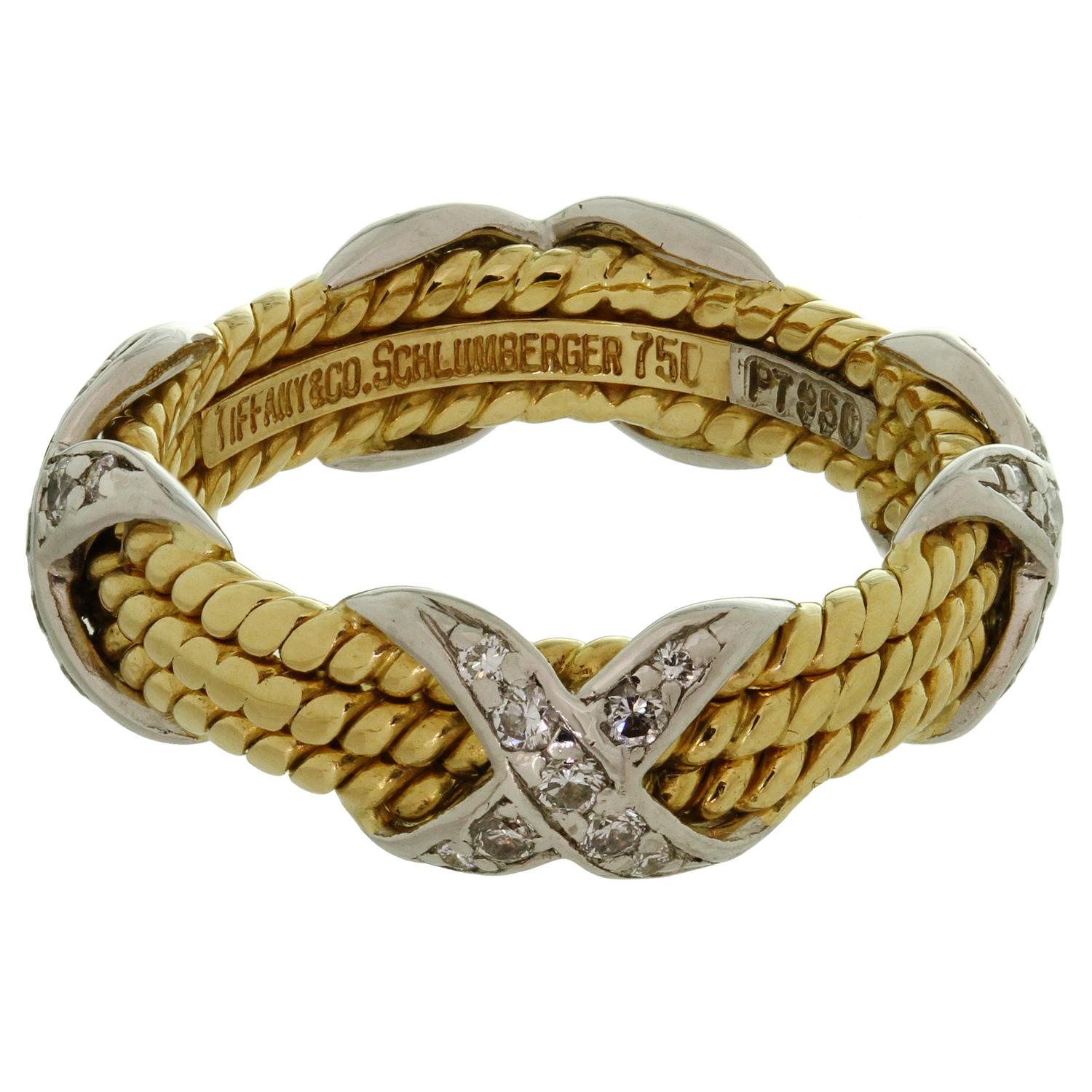Tiffany & Co. Schlumberger 3-reihiger Diamant Platin Gold Ring mit Kordel Gr. 50 im Zustand „Hervorragend“ im Angebot in New York, NY